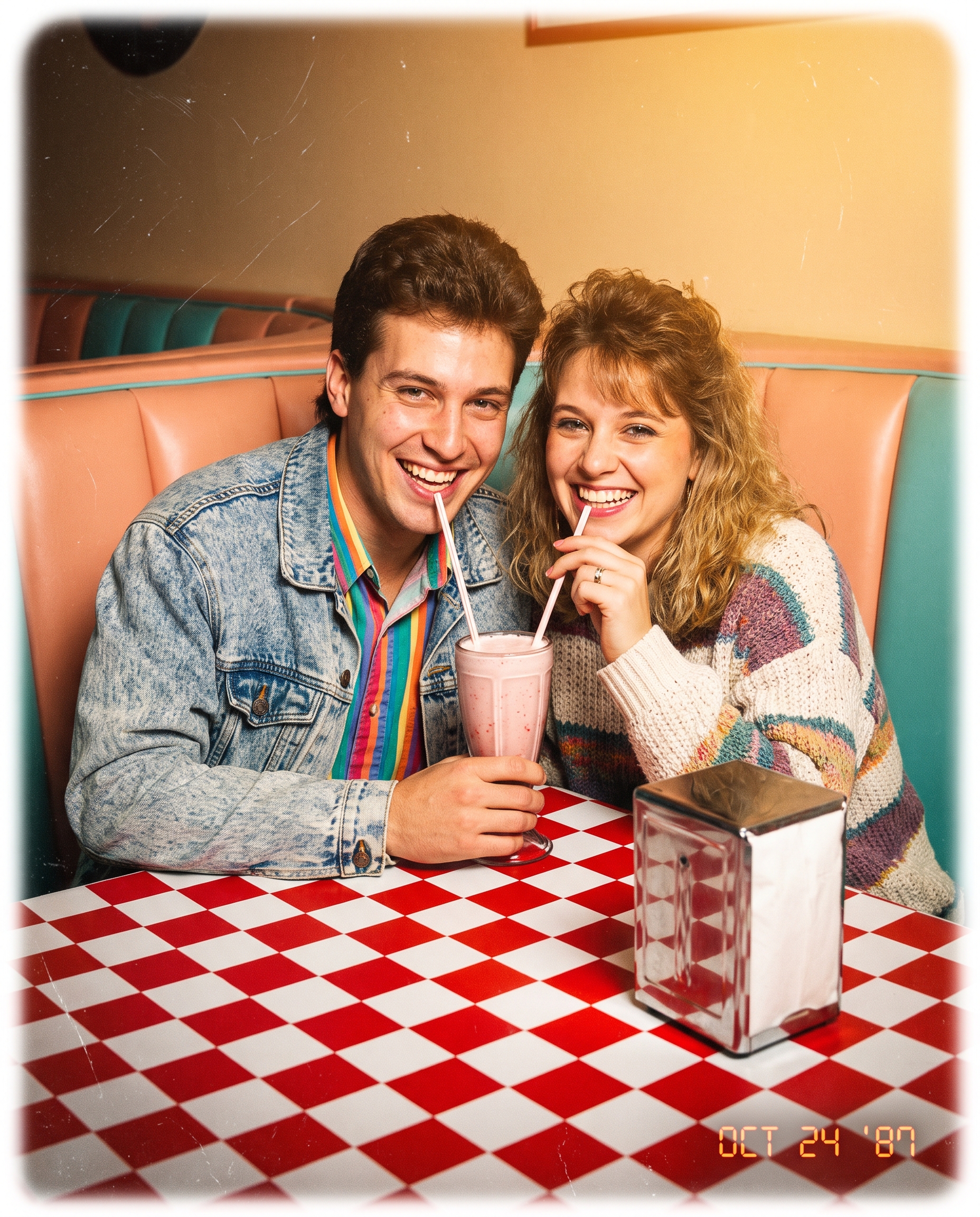 1980s diner photo booth couple