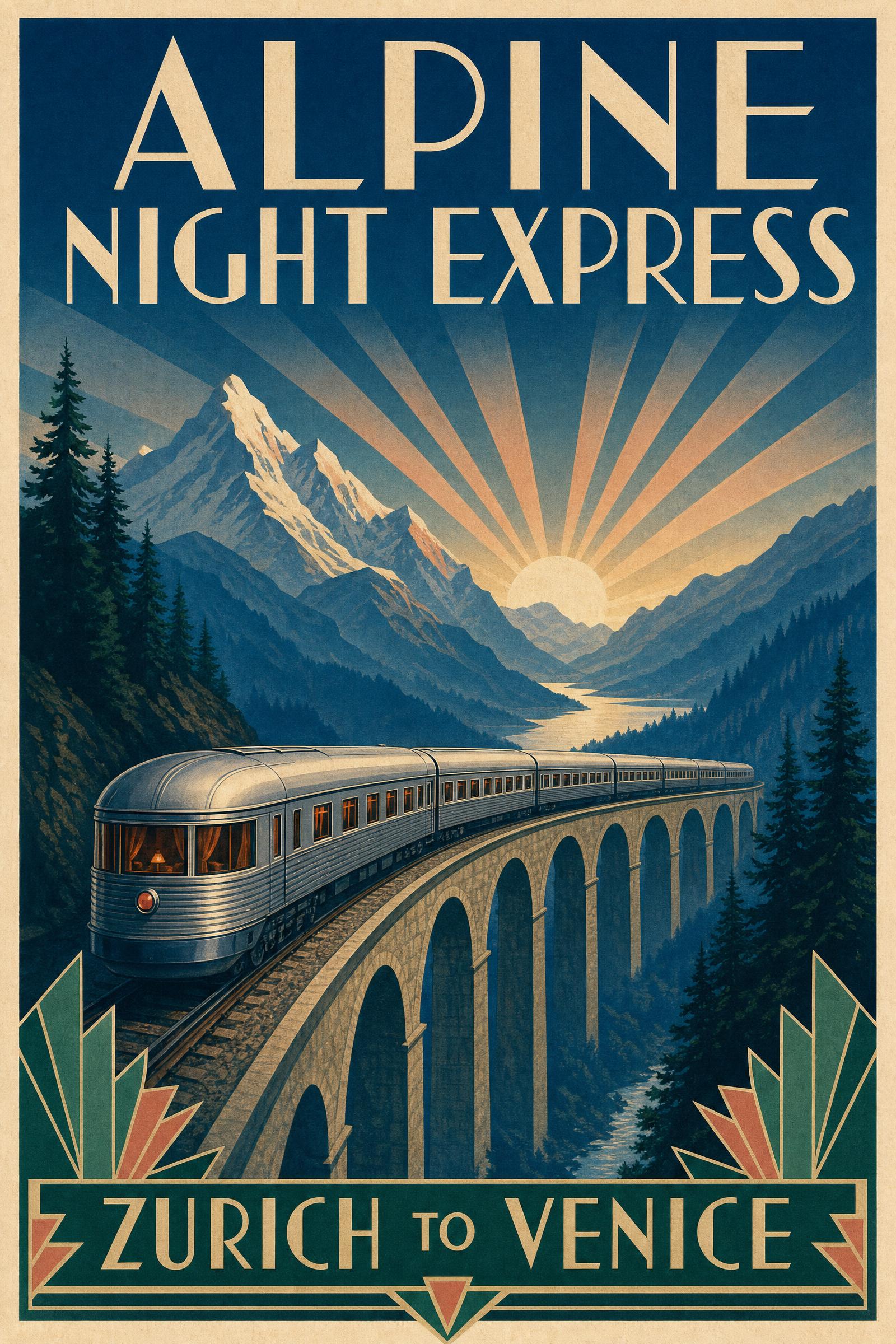 Alpine Night Express GPT Image 2 prompt Art Deco railway poster