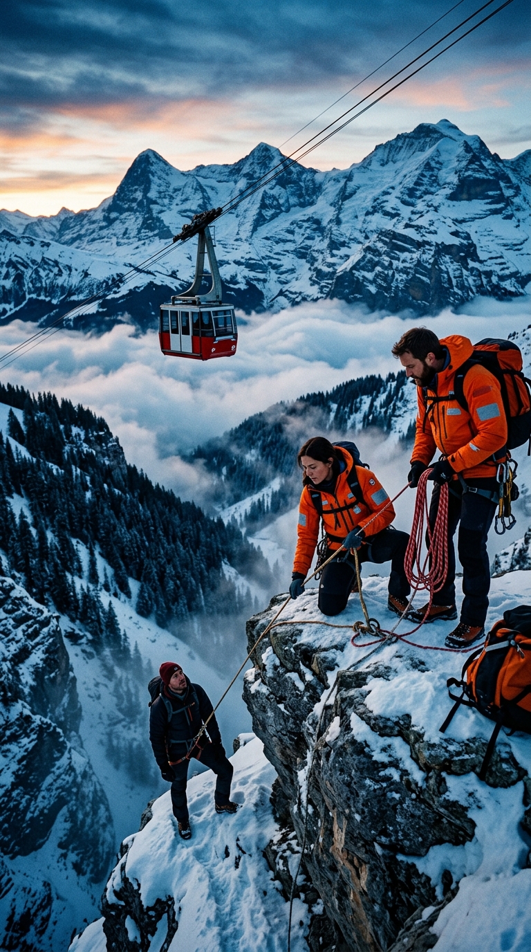 Alpine Rescue Kling 3.0 Prompt poster frame with rescuers beside a red cable car