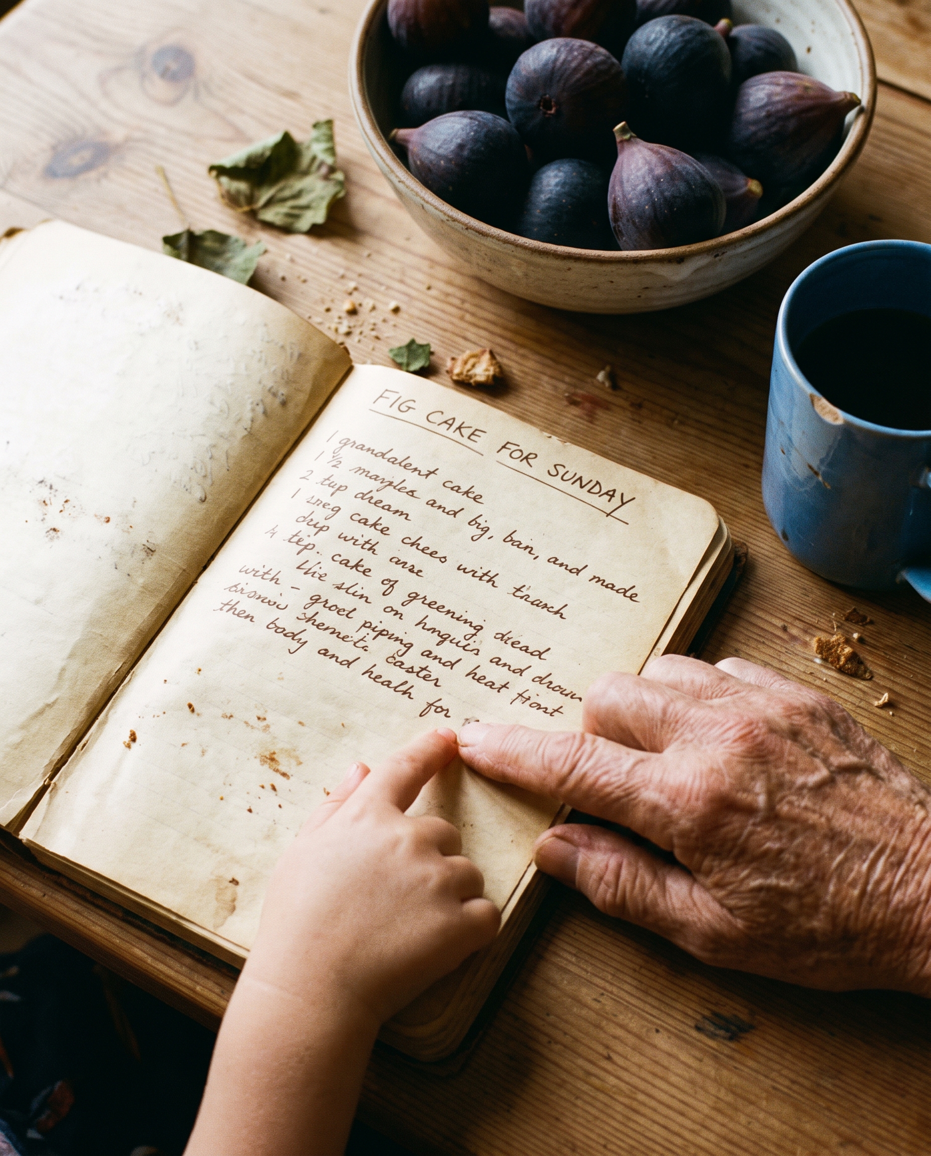 Family recipe notebook with figs and two hands pointing at the page