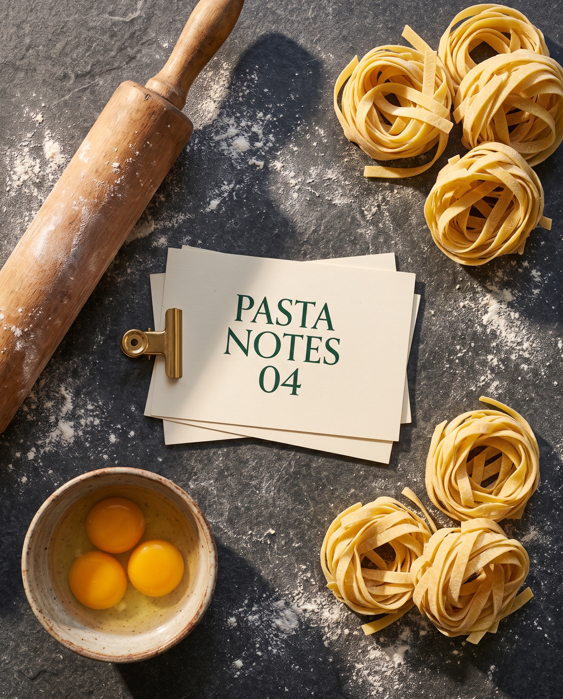 Pasta ingredients arranged with a clear Pasta Notes 04 recipe card