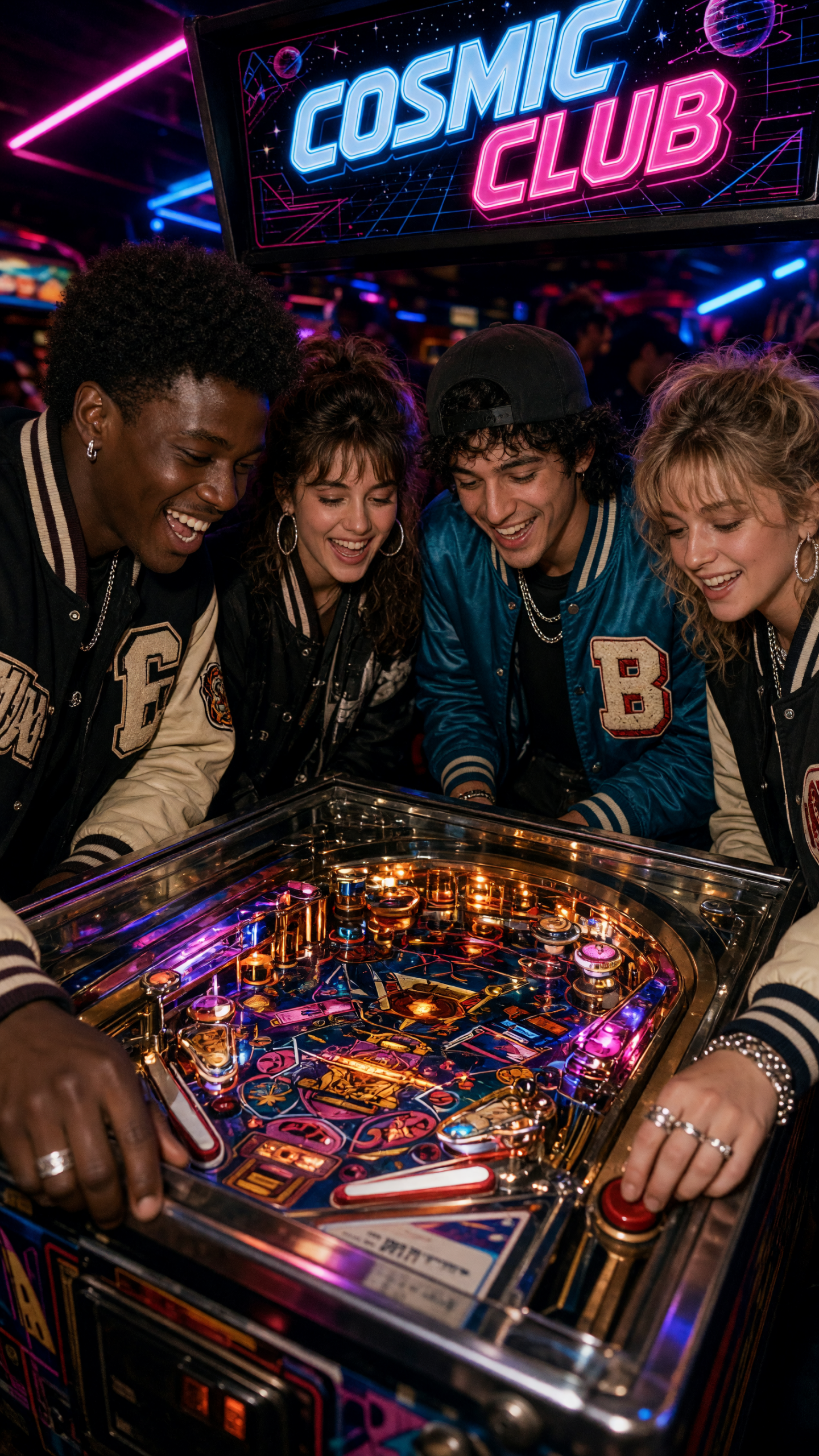 Neon Arcade Friends Grok Imagine Image V2 prompt output showing four friends at pinball
