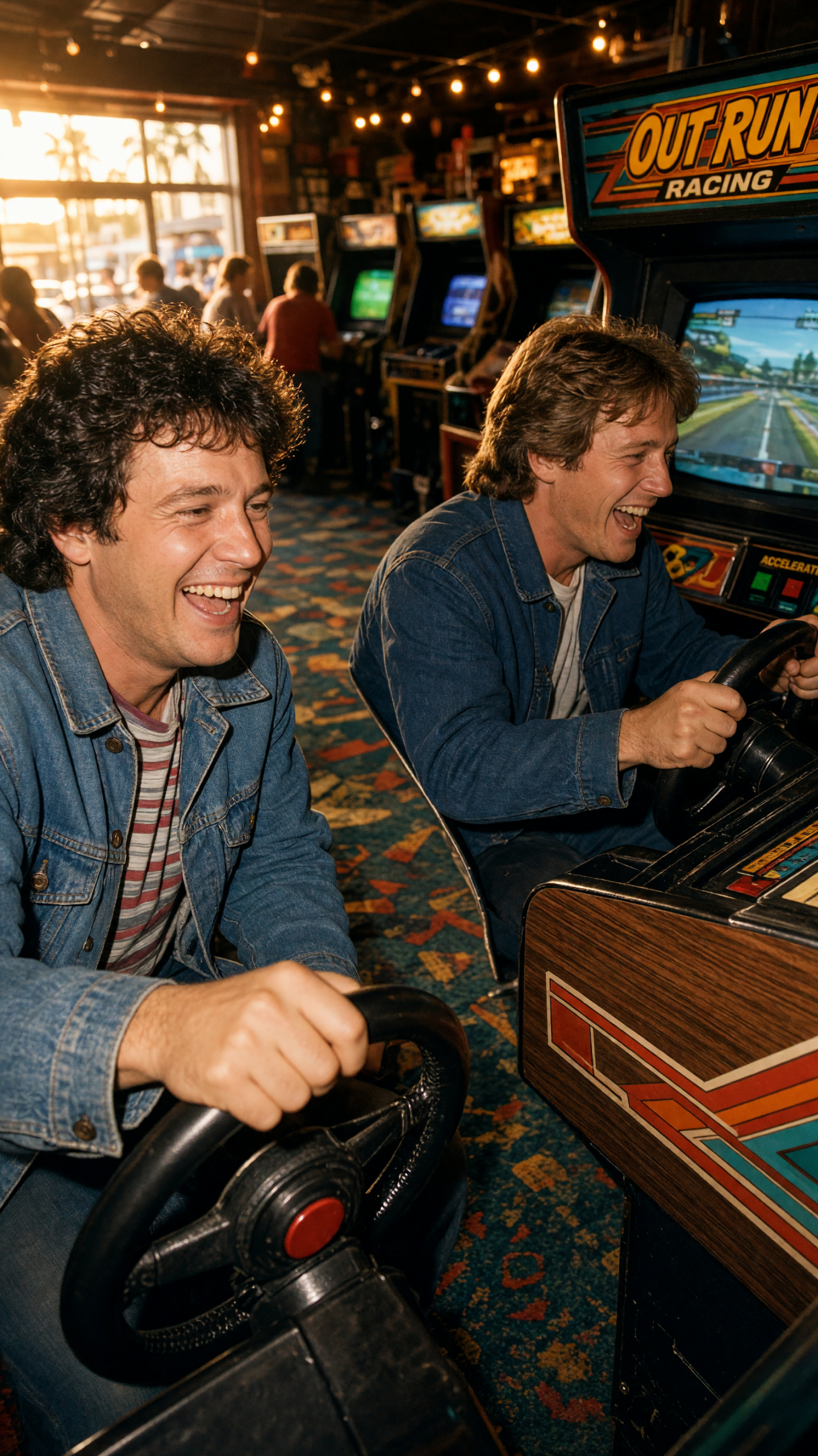 Two friends at an arcade racing game generated with Grok Imagine Image V2