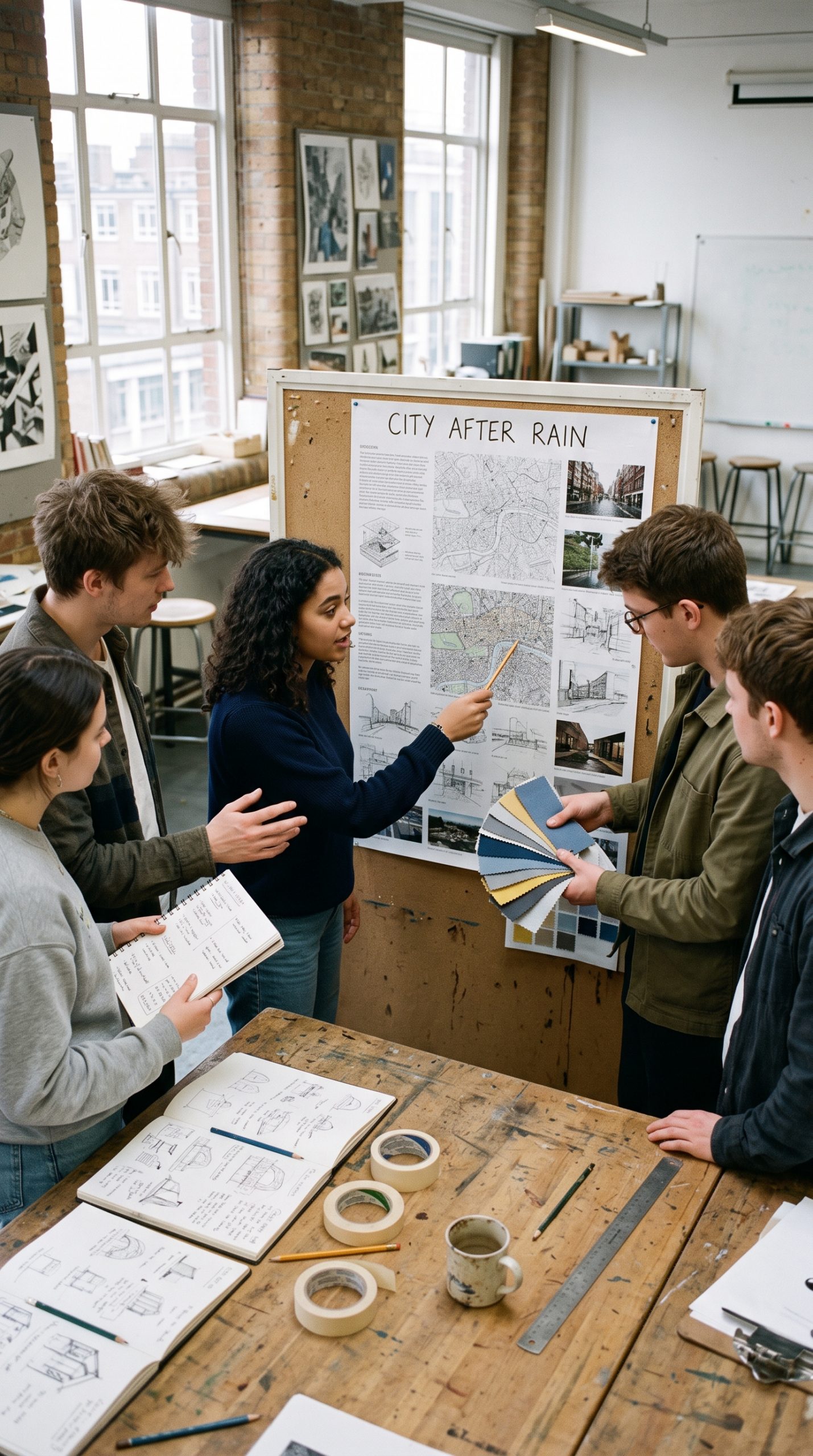 art school critique nano banana 2 prompt with students around a poster