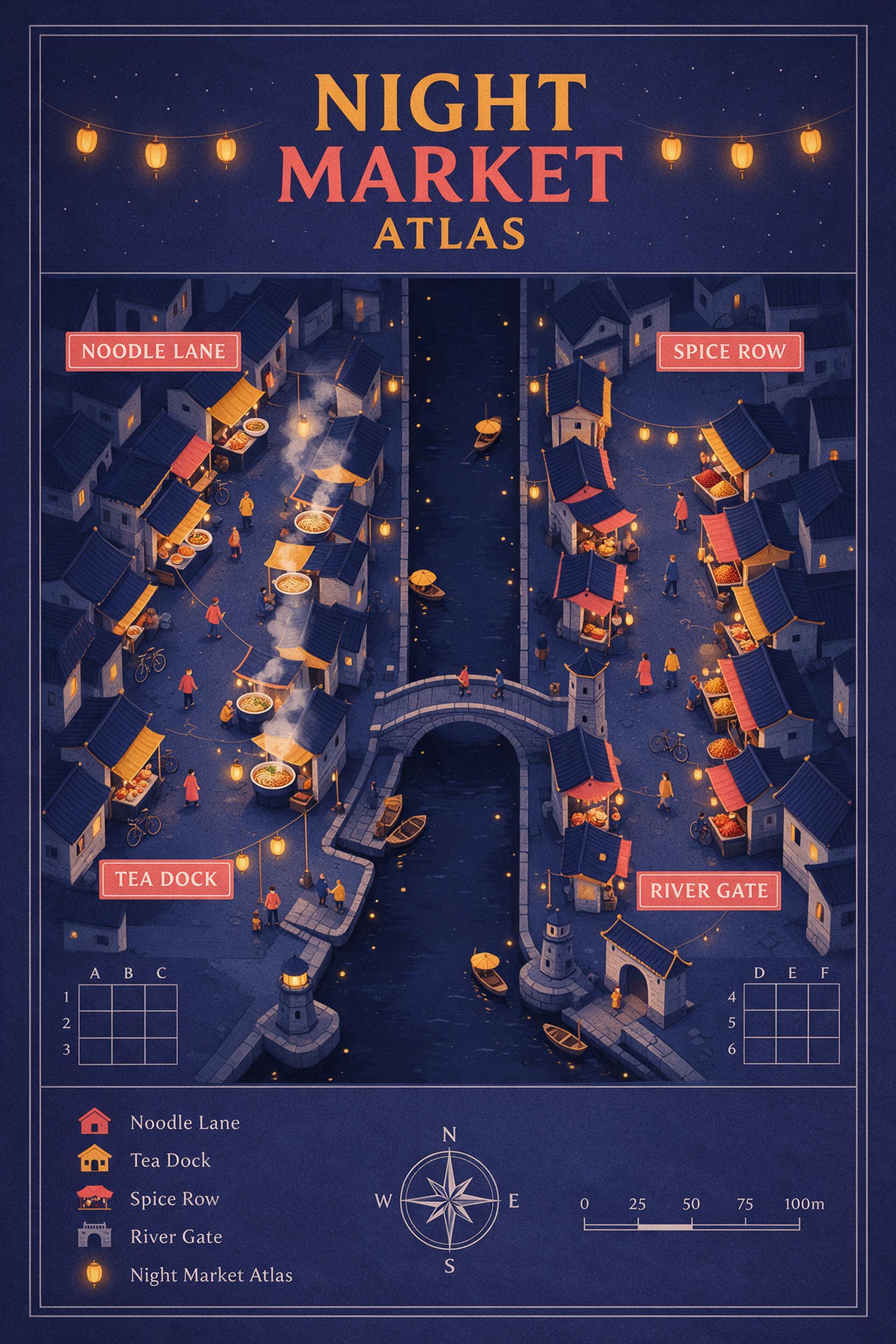 Night Market Atlas Seedream 5.0 Pro Prompt illustrated canal market map