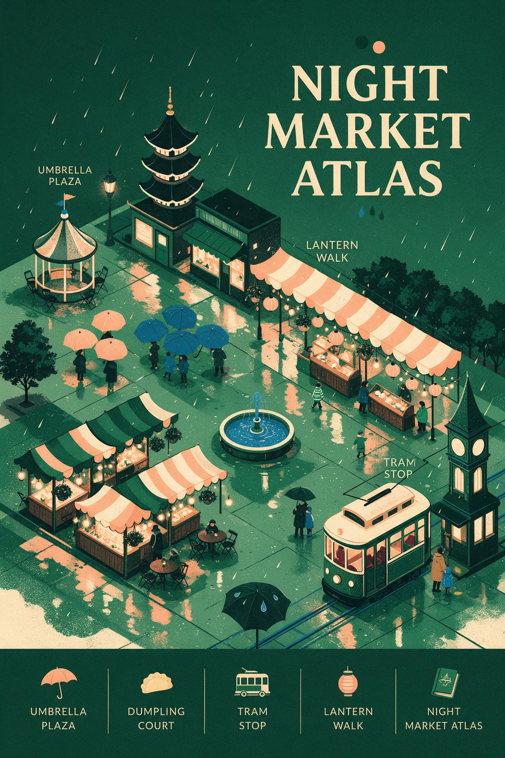 Rainy umbrella plaza food market atlas