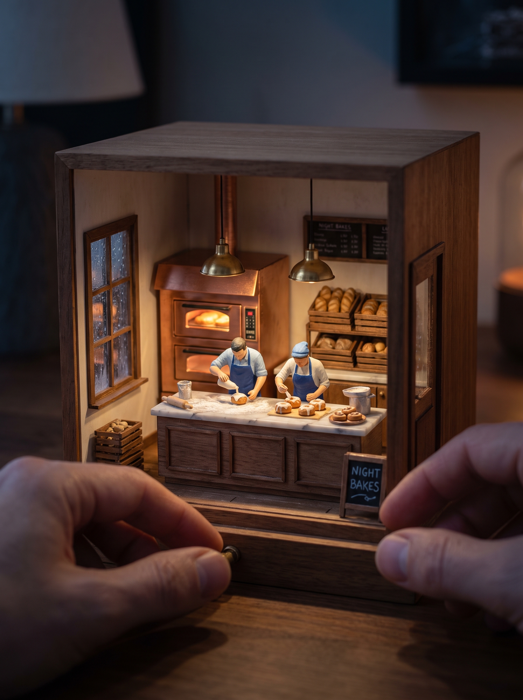 tiny night bakery dollhouse scene