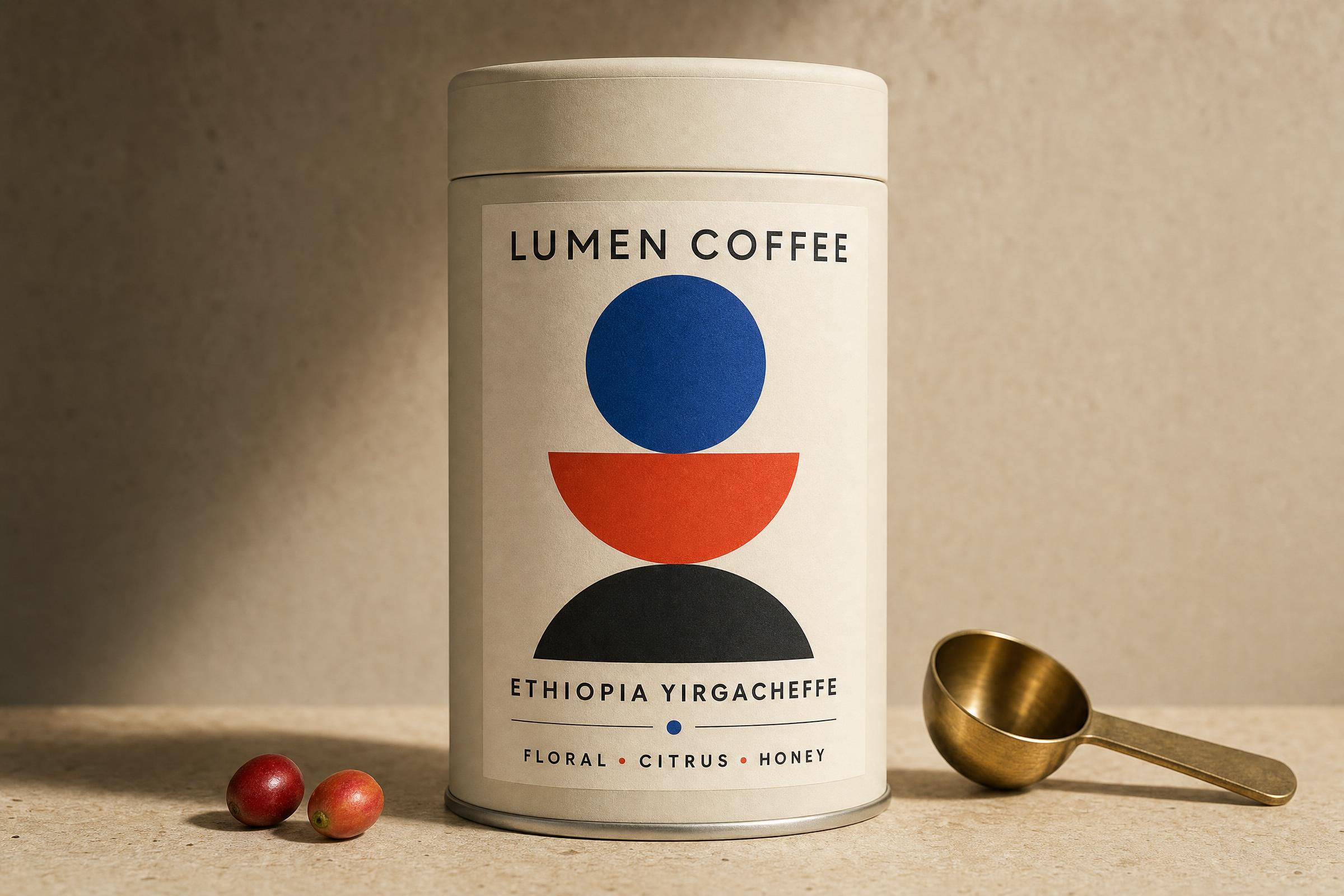 Bauhaus Coffee Label GPT Image 2 Prompt showing a cream Lumen Coffee tin
