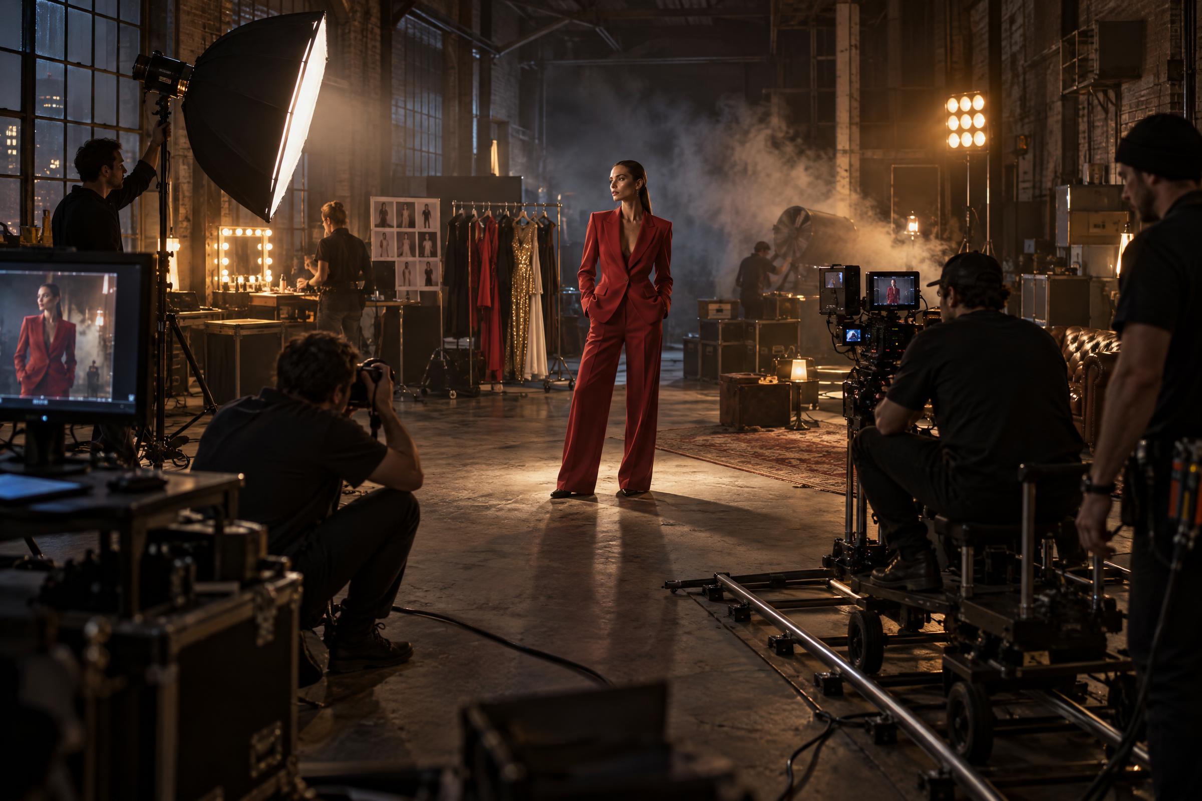 Night warehouse fashion production set with LED panels and crew