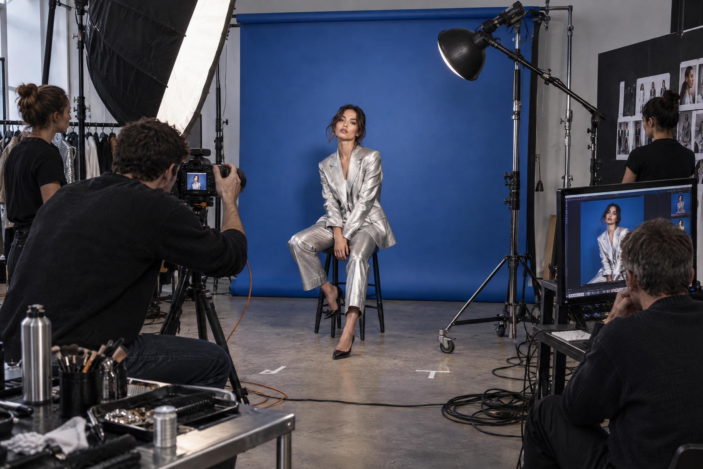 Blue studio beauty campaign with visible lights and crew