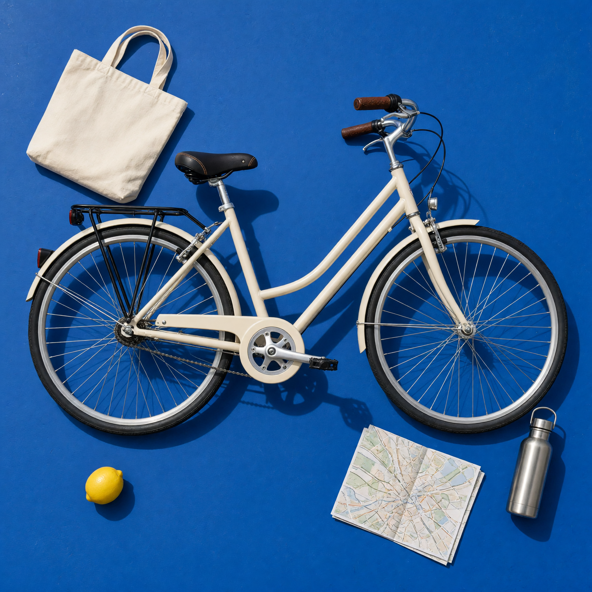 Cream bicycle arranged with a travel kit on a blue studio floor