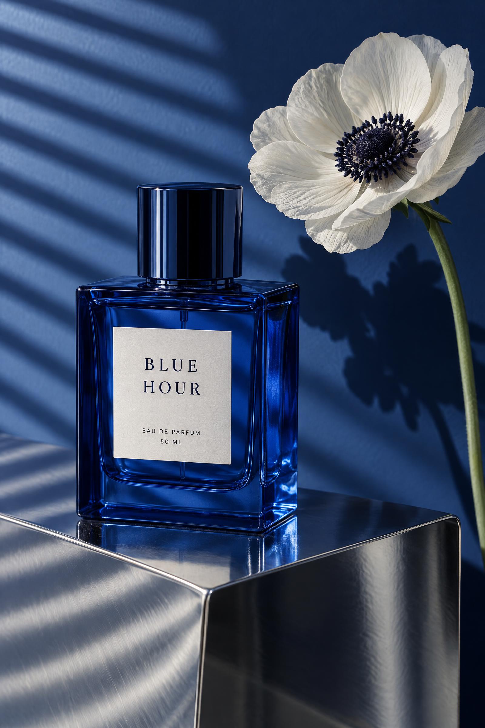 Blue Hour Perfume GPT Image 2.5 prompt cobalt bottle beauty campaign