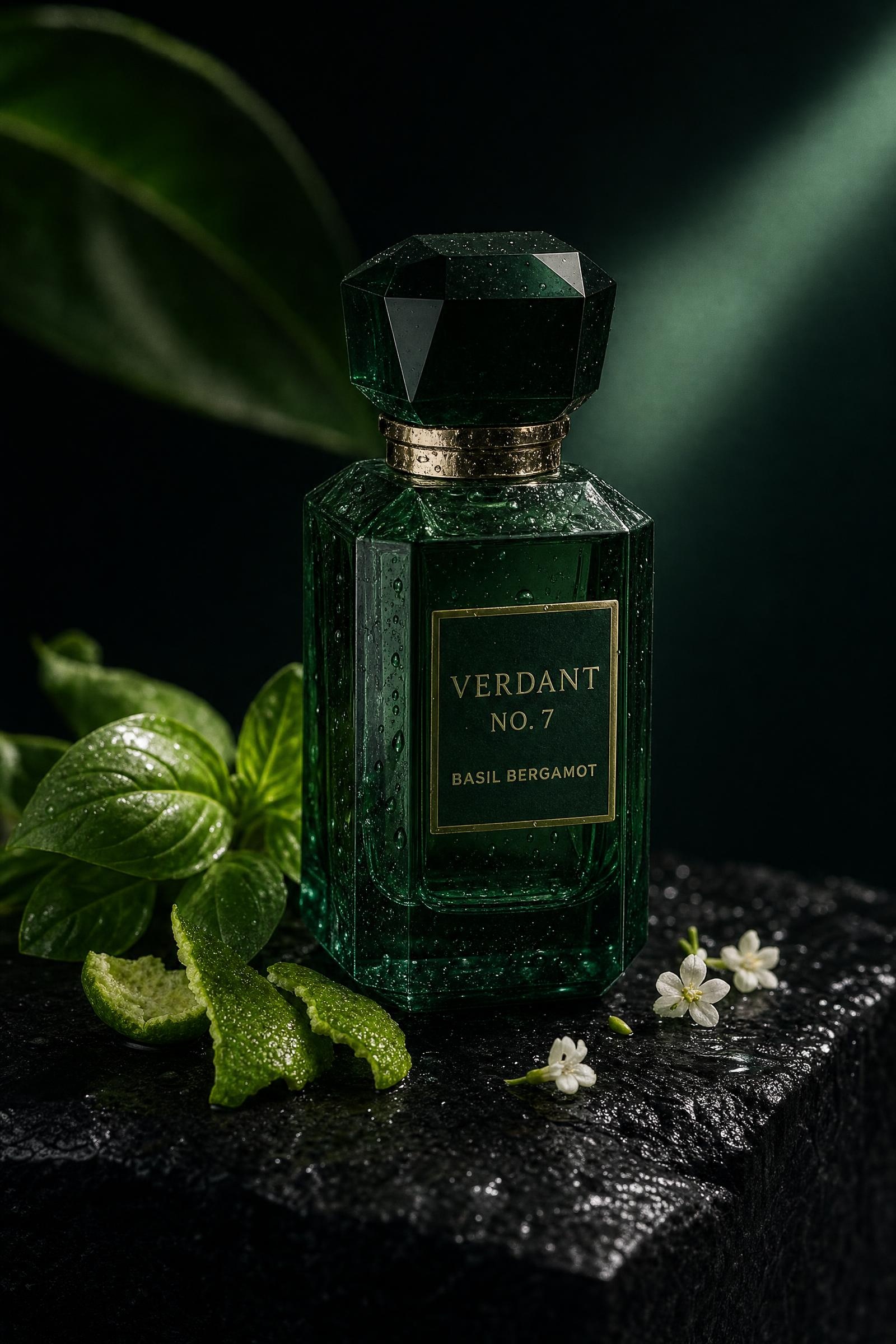 Botanical Perfume Ad GPT Image 2 Prompt showing an emerald fragrance bottle