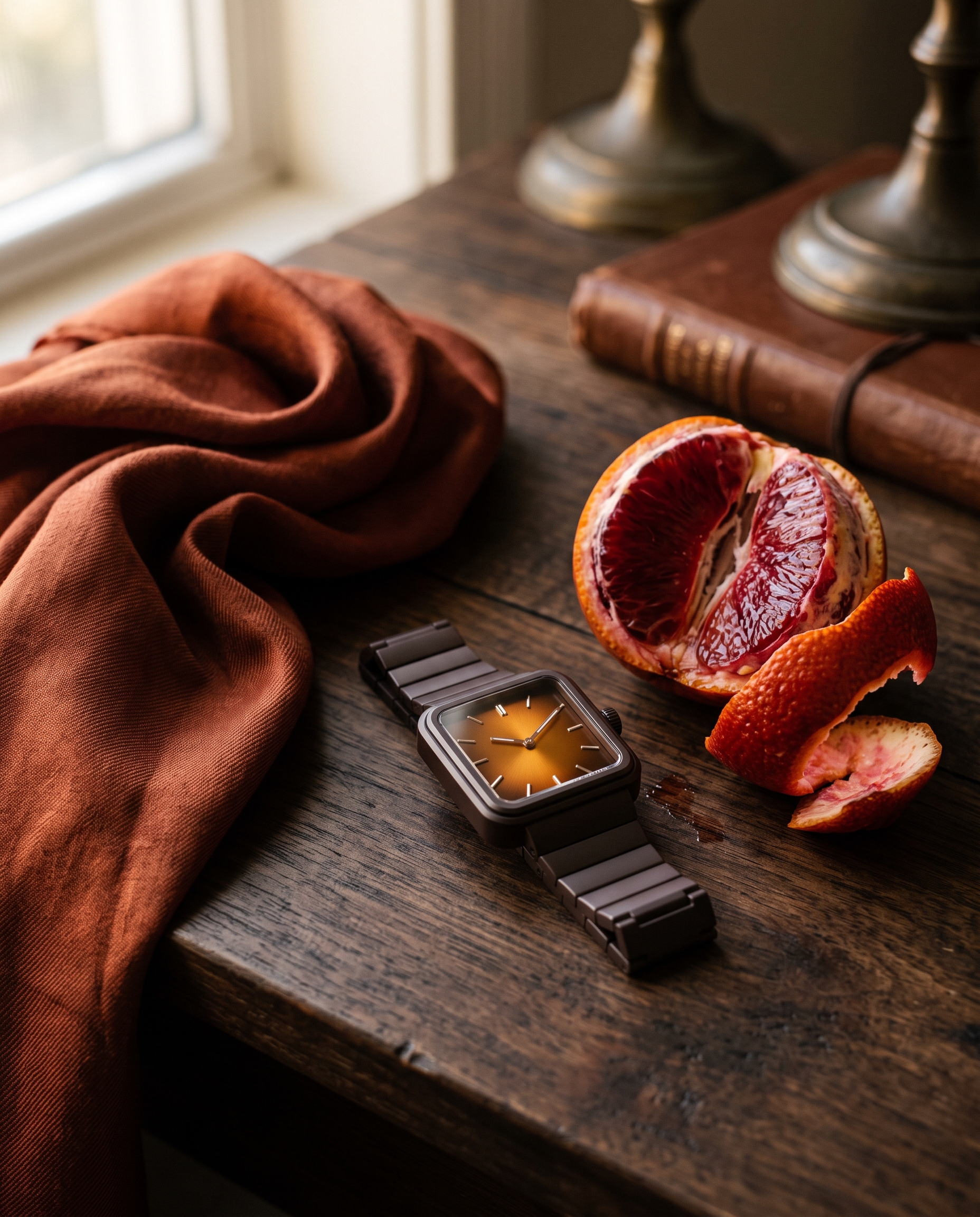 ceramic watch with blood orange product still life