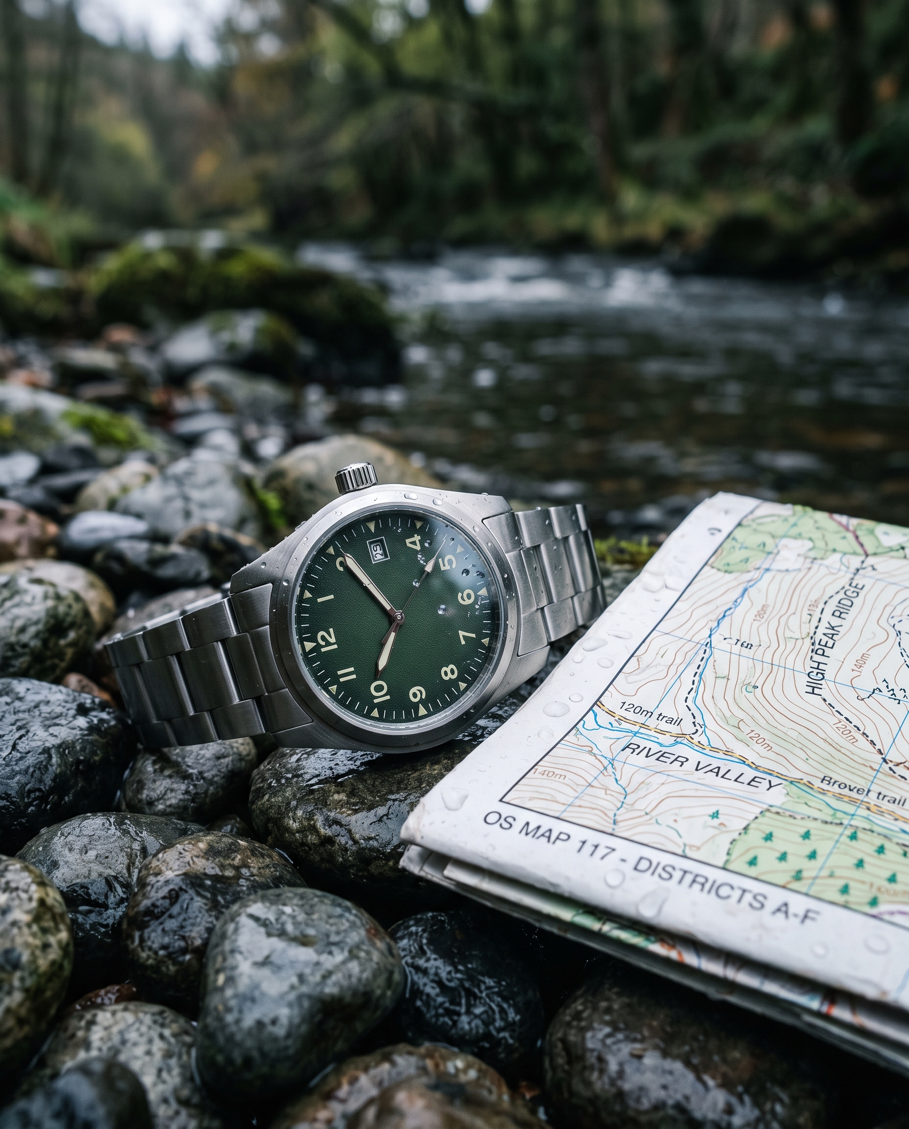 green field watch on wet river stones