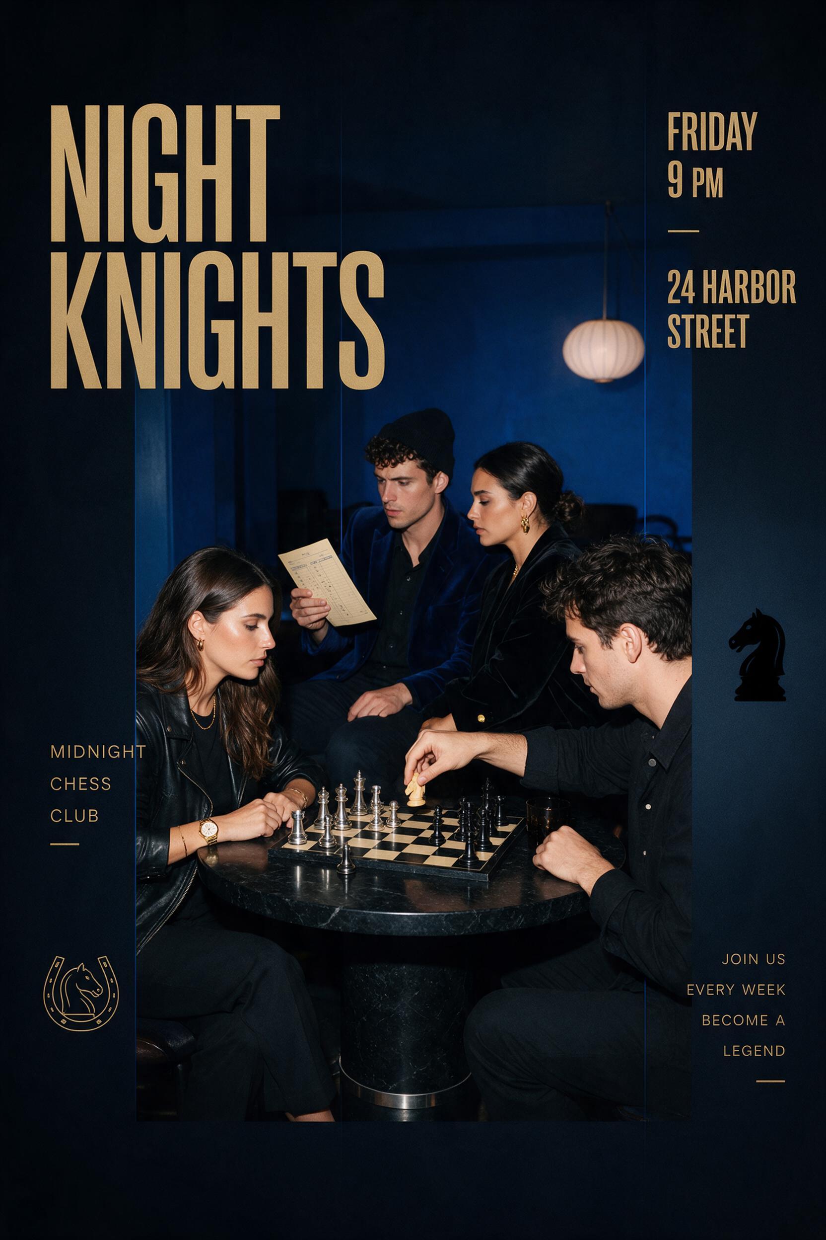 Midnight Chess Club Seedream 5.0 Pro Prompt editorial chess poster