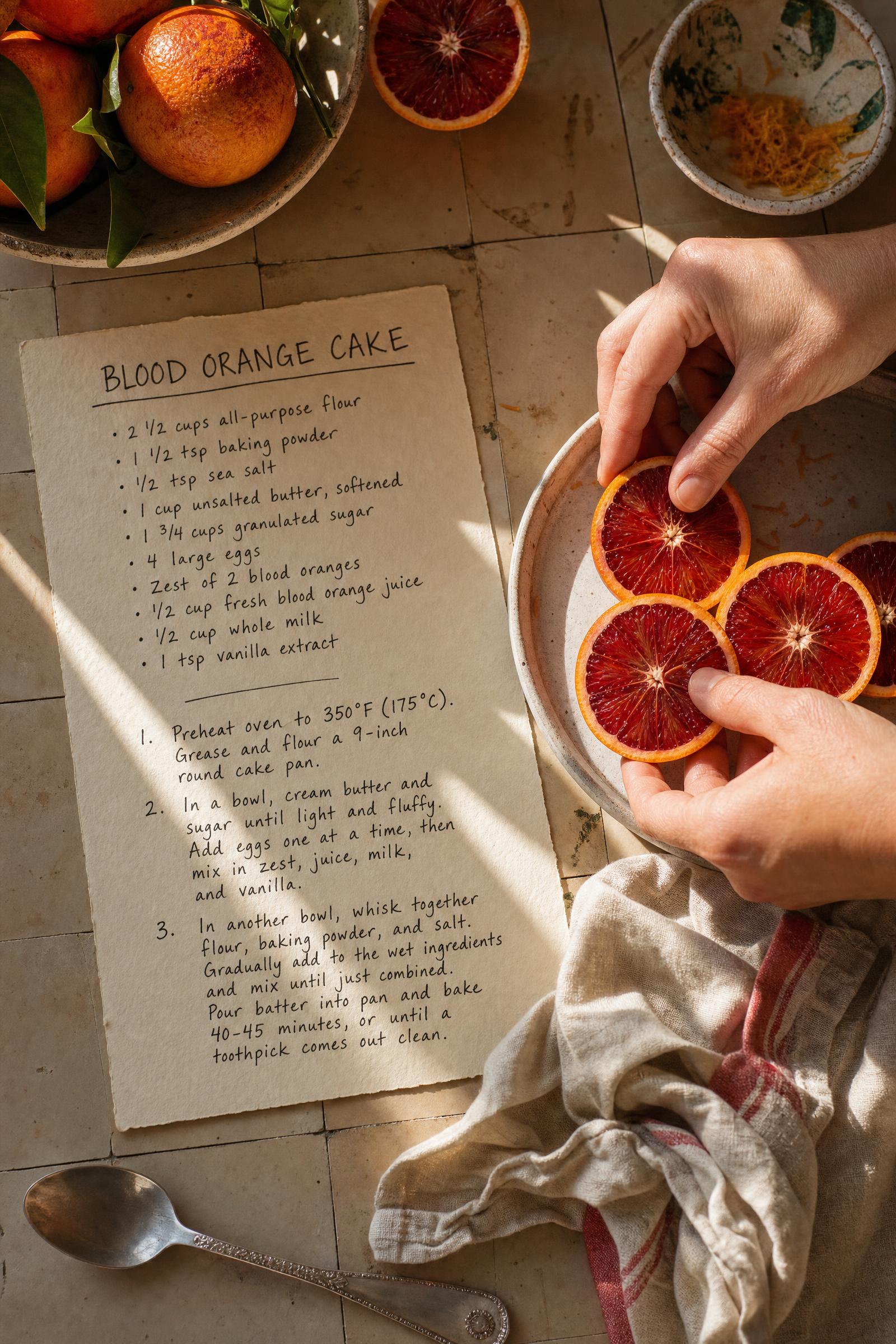 Citrus Recipe Card GPT Image 2 Prompt with blood oranges and handwritten cake recipe