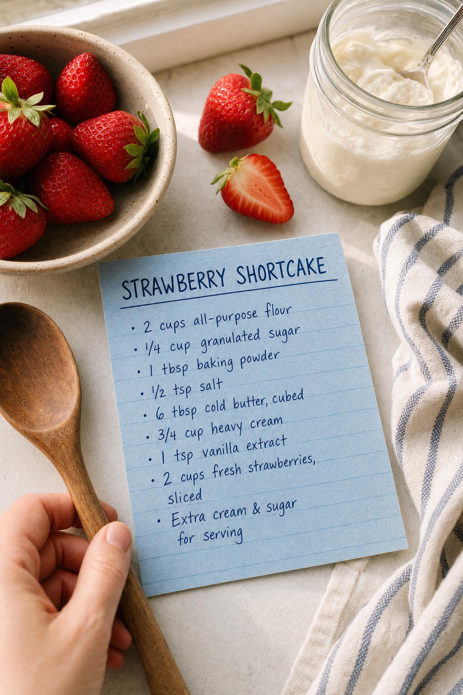 Strawberry shortcake recipe card with hand and spoon