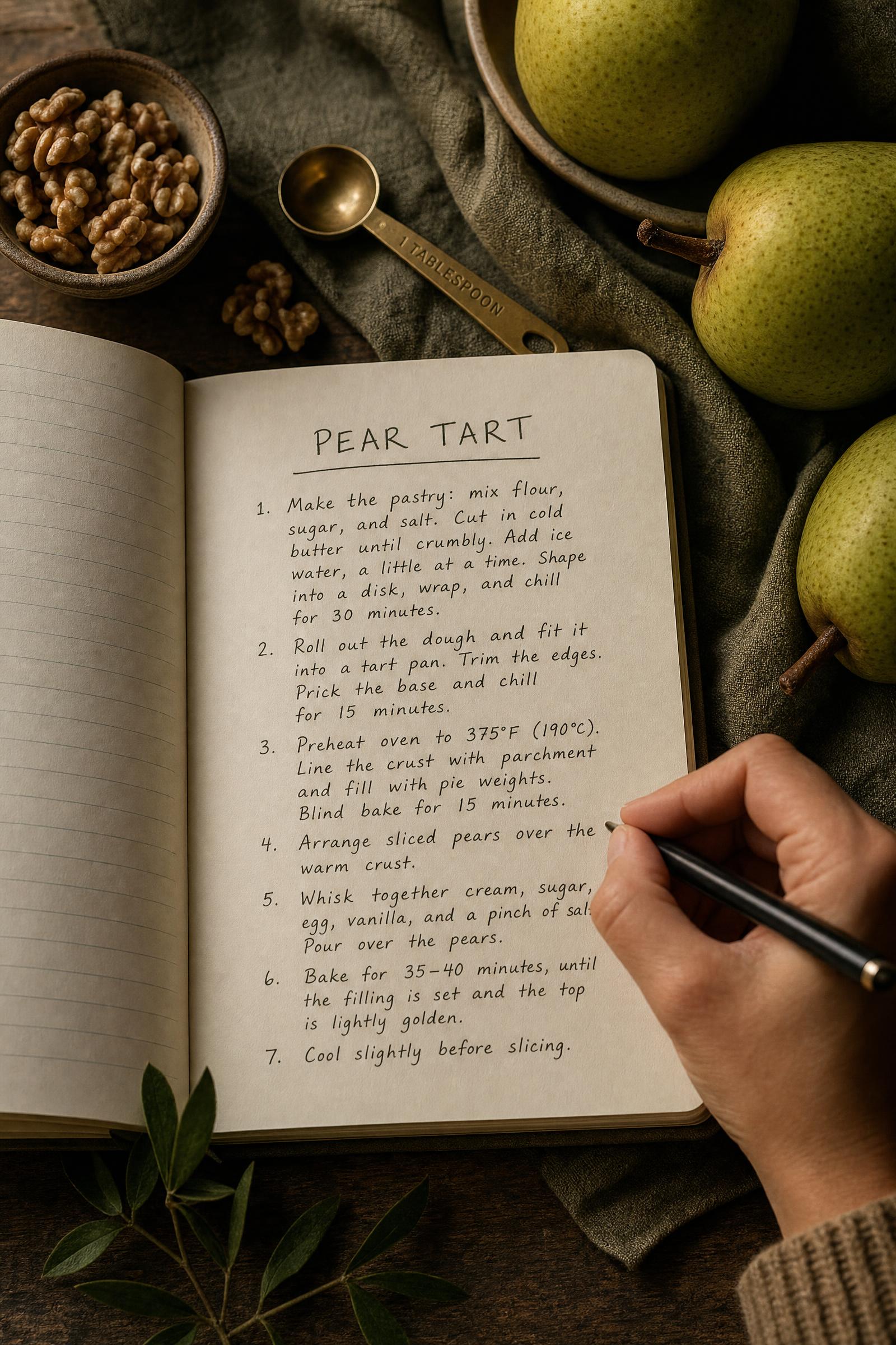 Pear tart recipe notebook with pears and walnuts