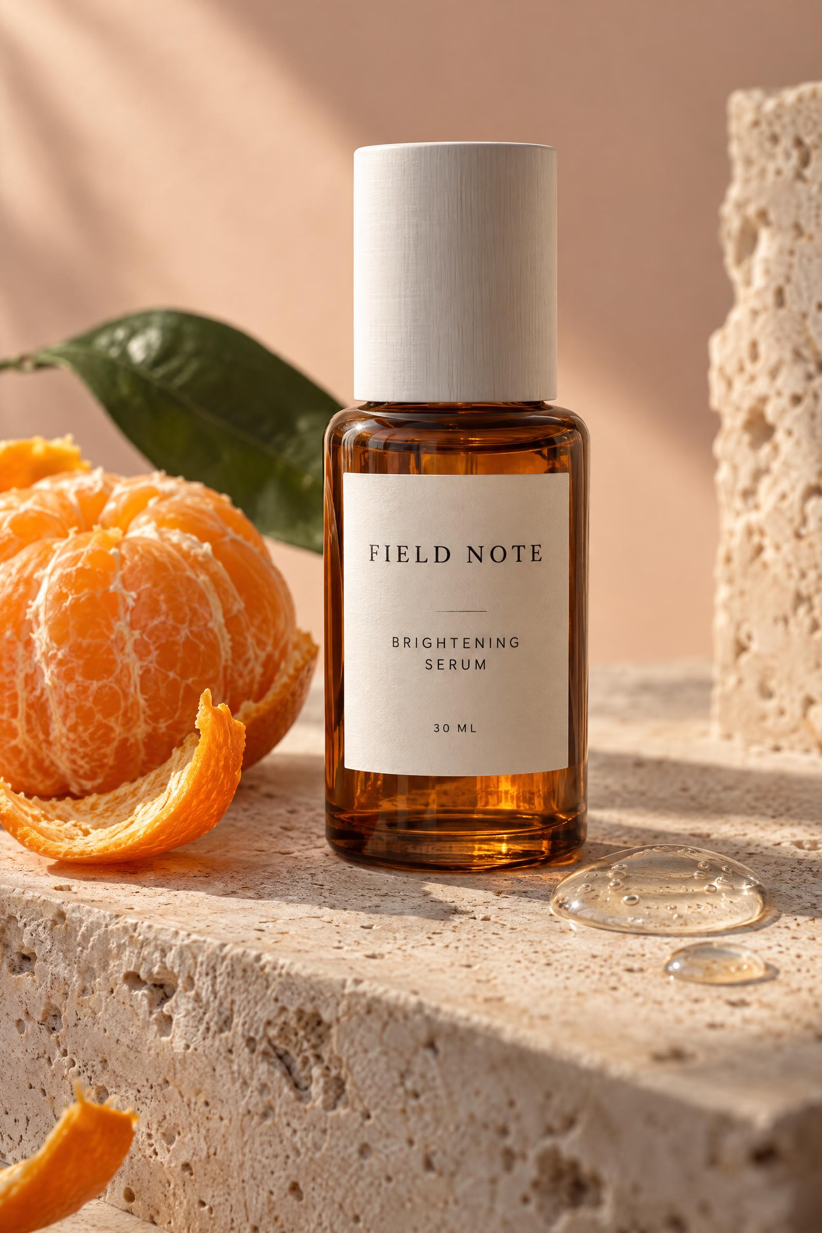 Amber brightening serum bottle with mandarin on travertine
