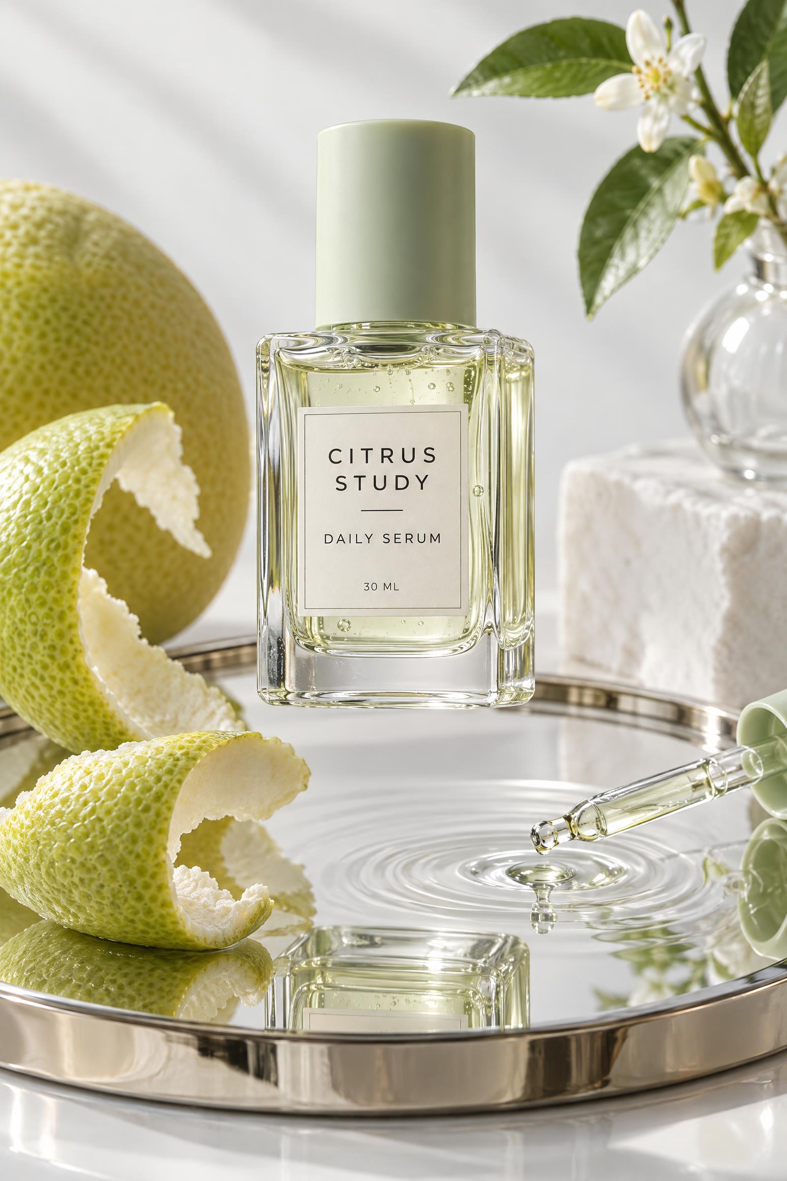 Clear daily serum bottle with pomelo and mirror reflections