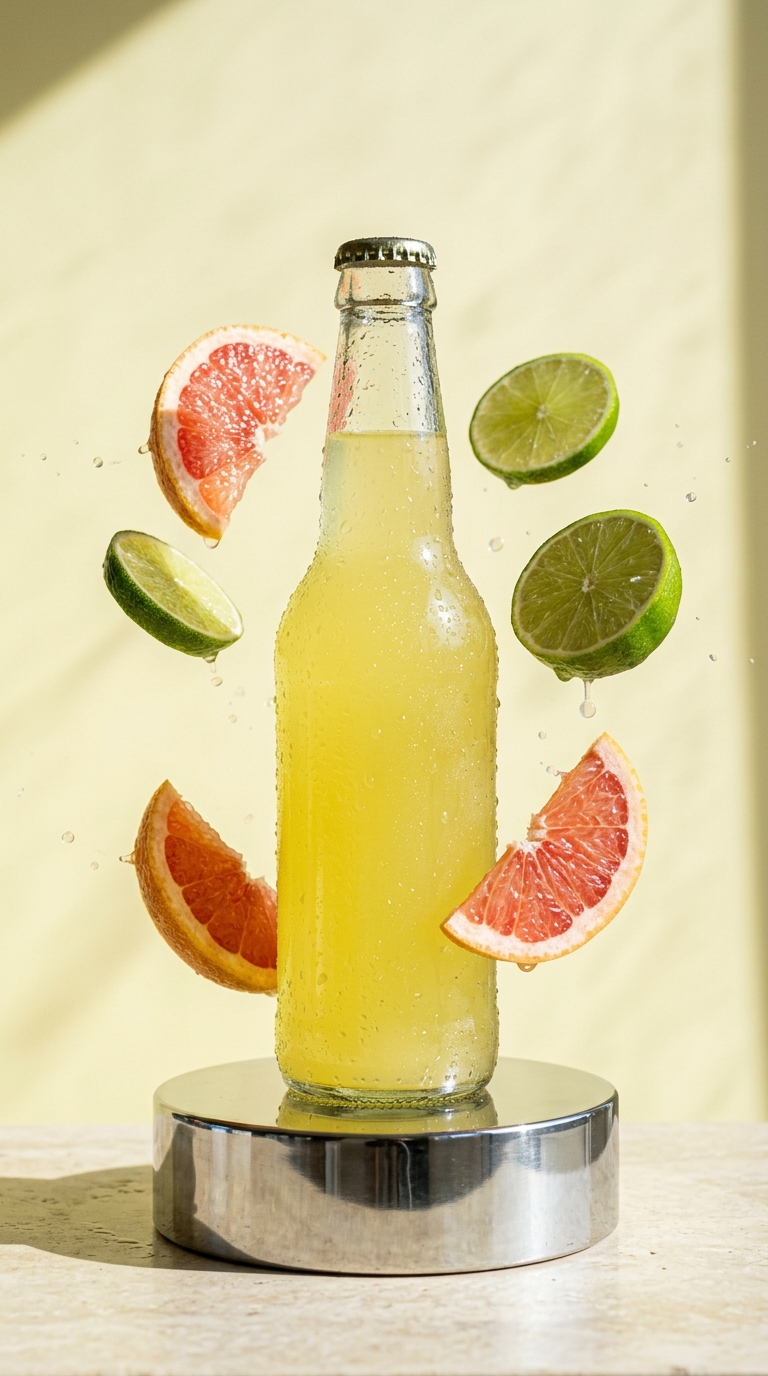 Citrus Soda Studio Kling 3.0 prompt poster frame with an icy bottle on chrome