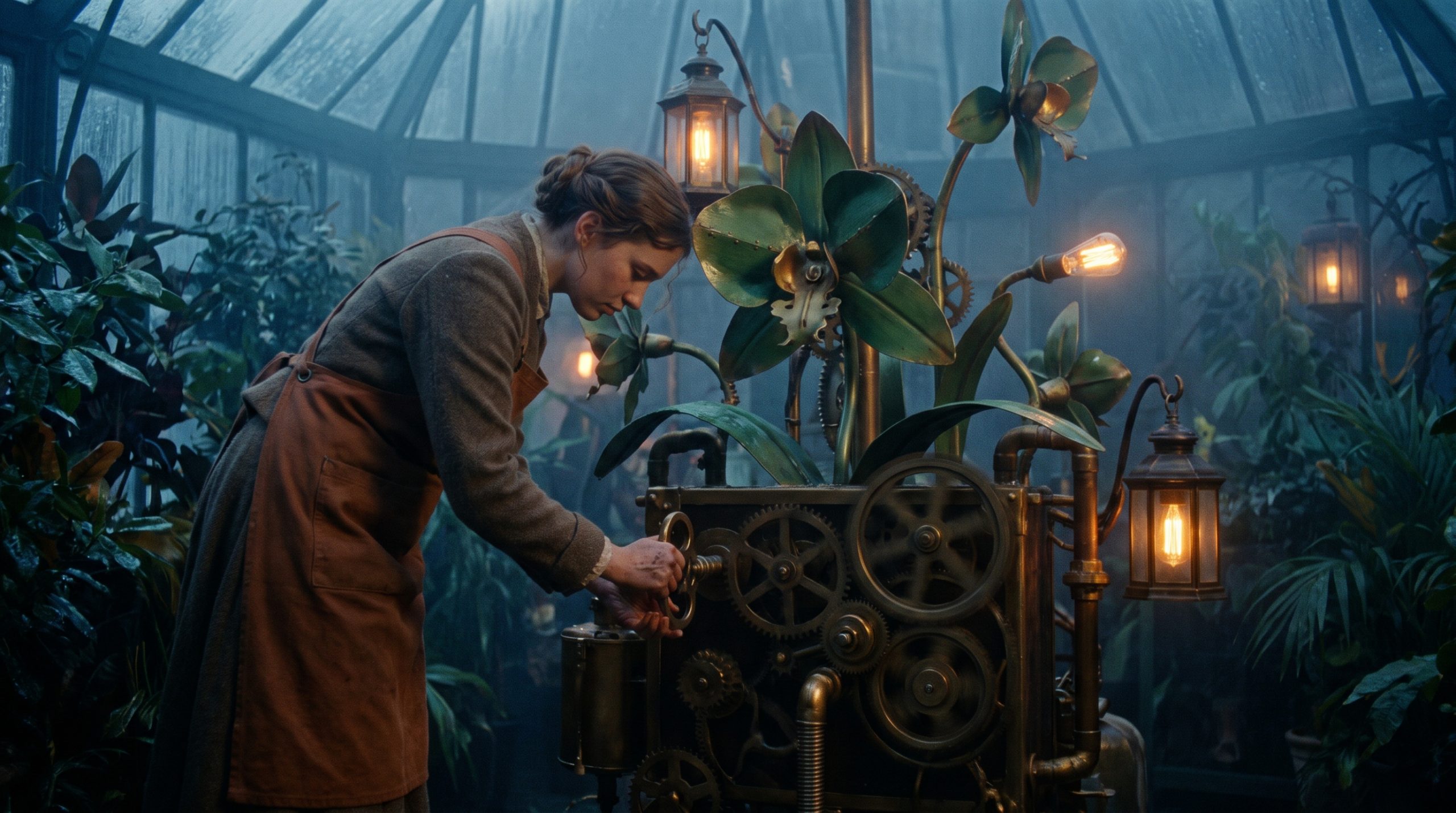 Clockwork Conservatory Wan 2.7 Prompt first frame with botanist and mechanical orchid