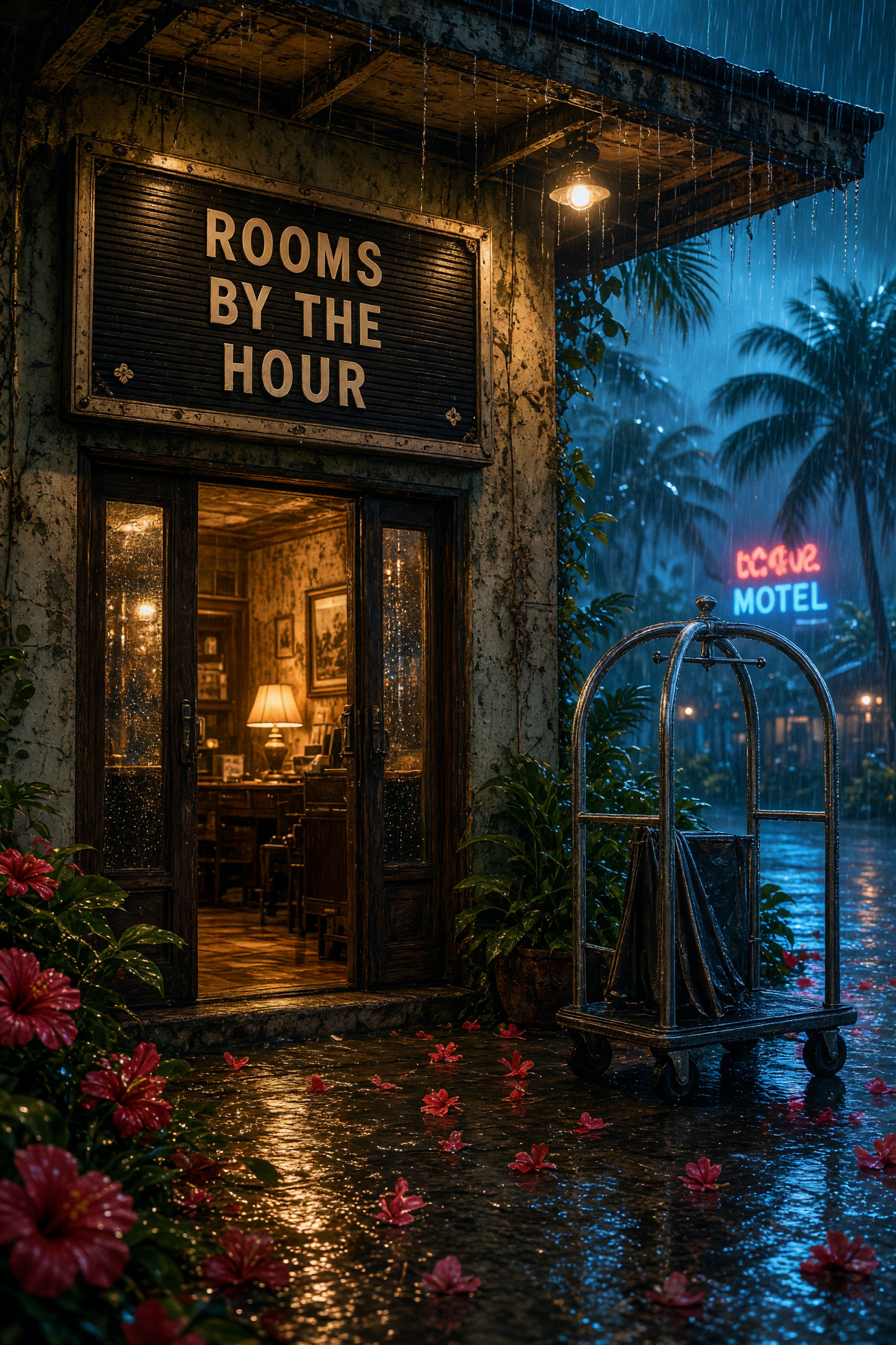 Tropical motel in rain prompt output