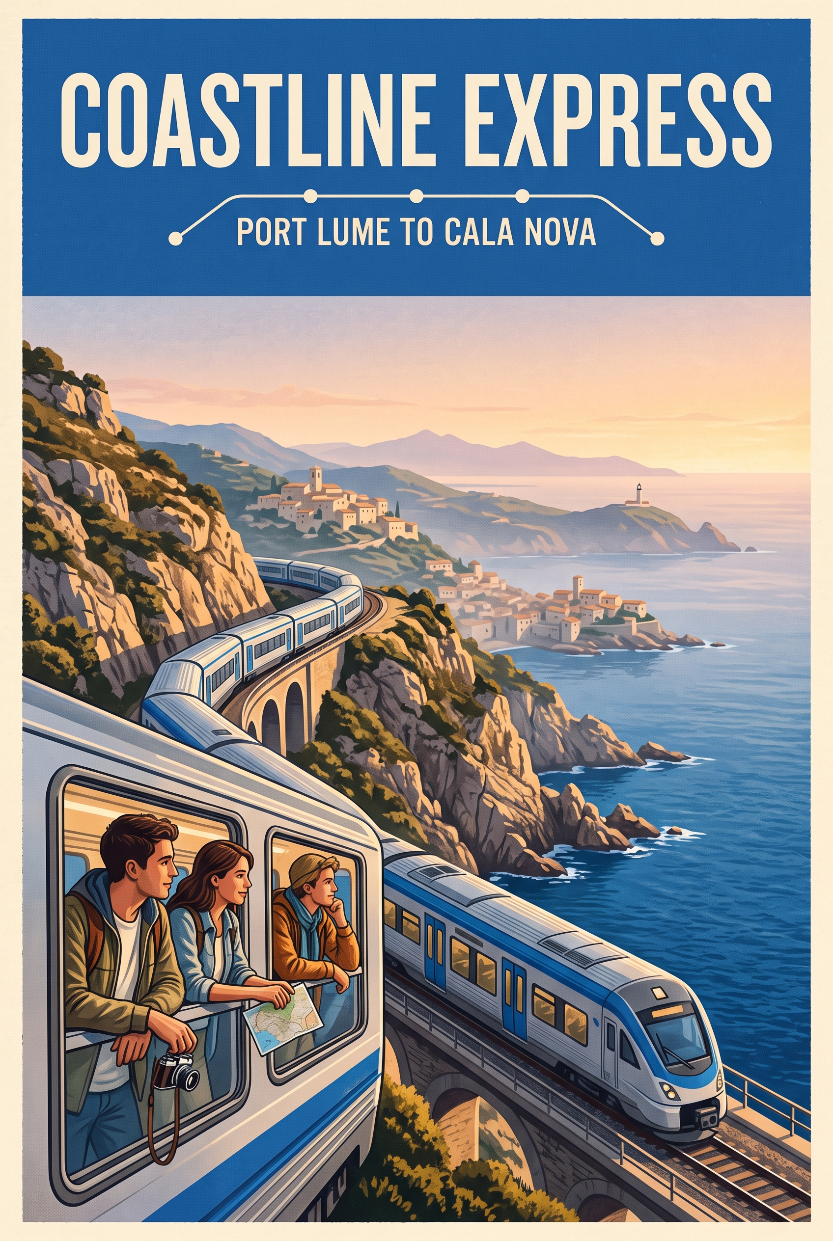 Cobalt Coast Poster Nano Banana 2 Prompt showing a silver coastal train beneath crisp travel typography