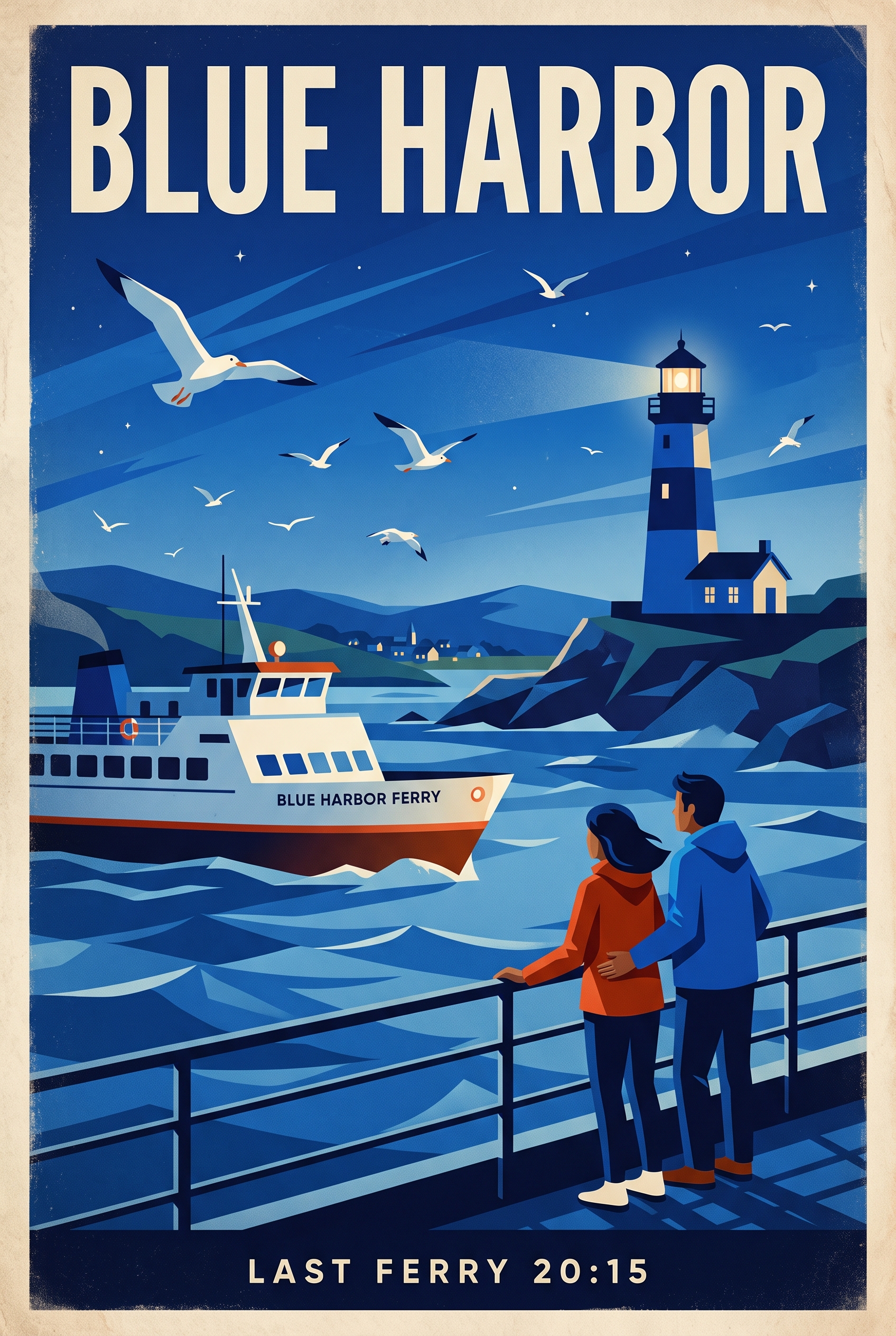 Blue harbor ferry travel poster variation