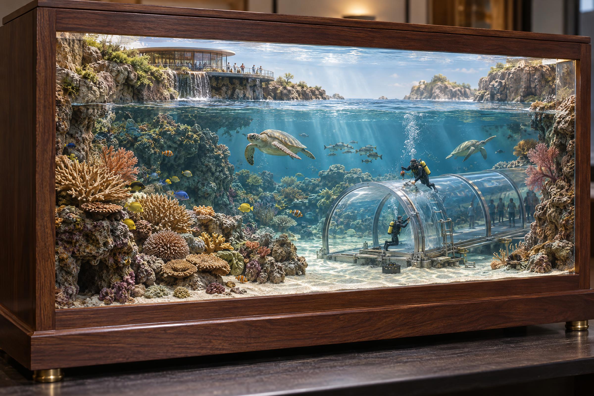 Diorama Aquarium GPT Image 2.5 Prompt showing a coral reef inside a walnut display case