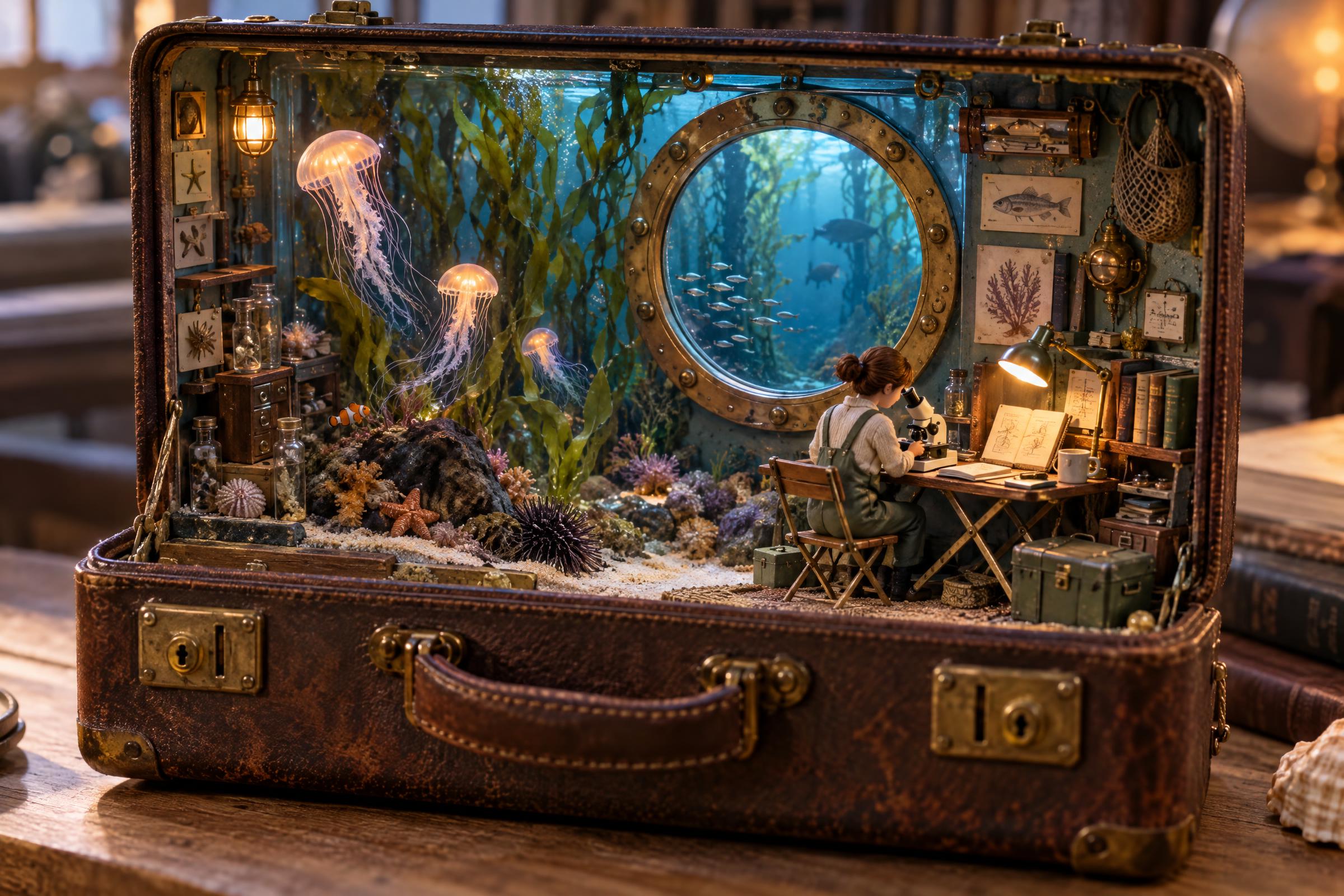 Miniature aquarium diorama inside a vintage suitcase