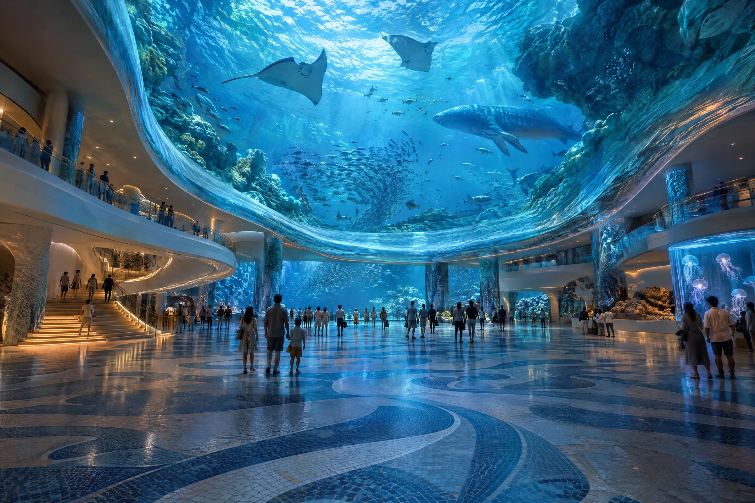 Architectural miniature aquarium lobby with an acrylic wave ceiling