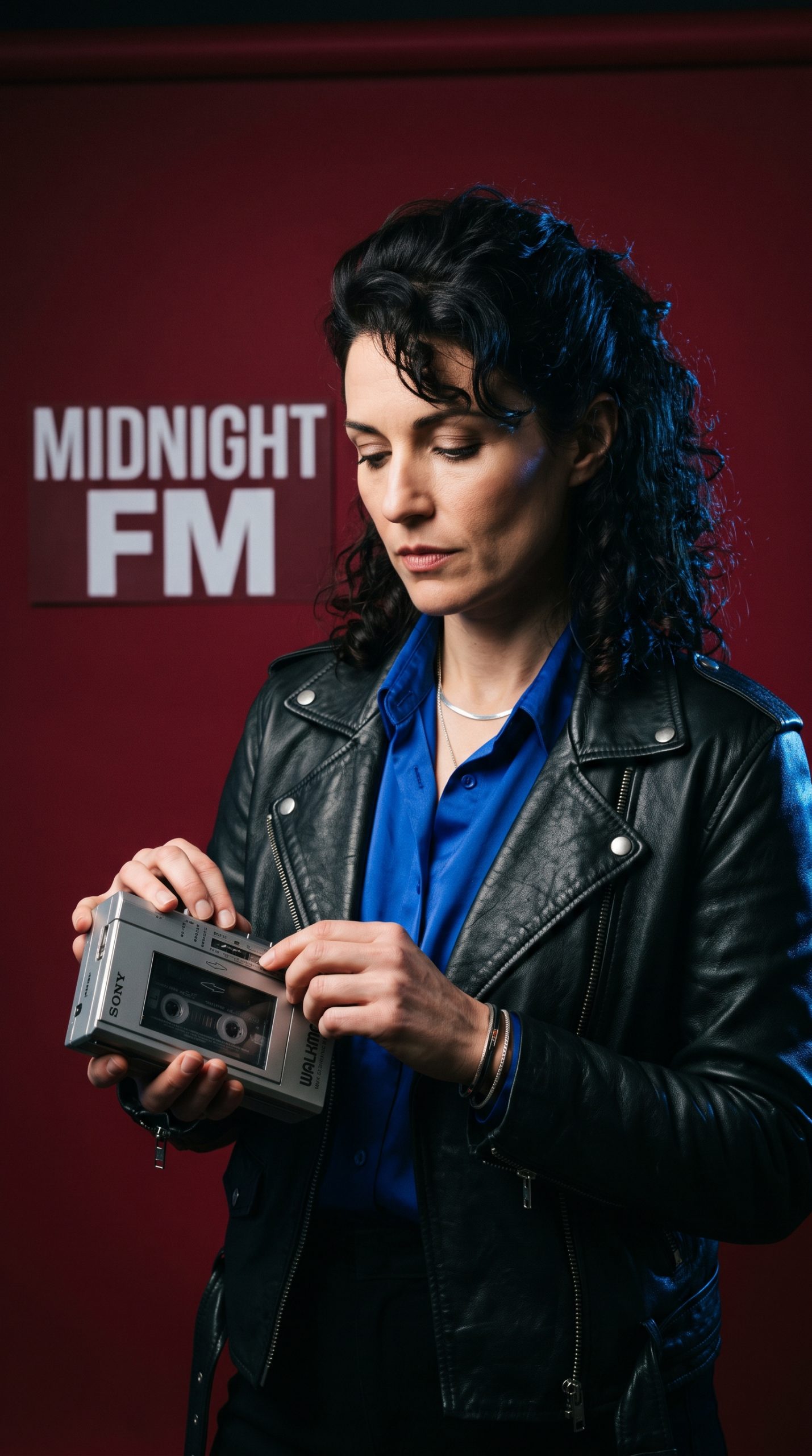 eighties studio portrait nano banana 2 prompt showing musician with cassette player