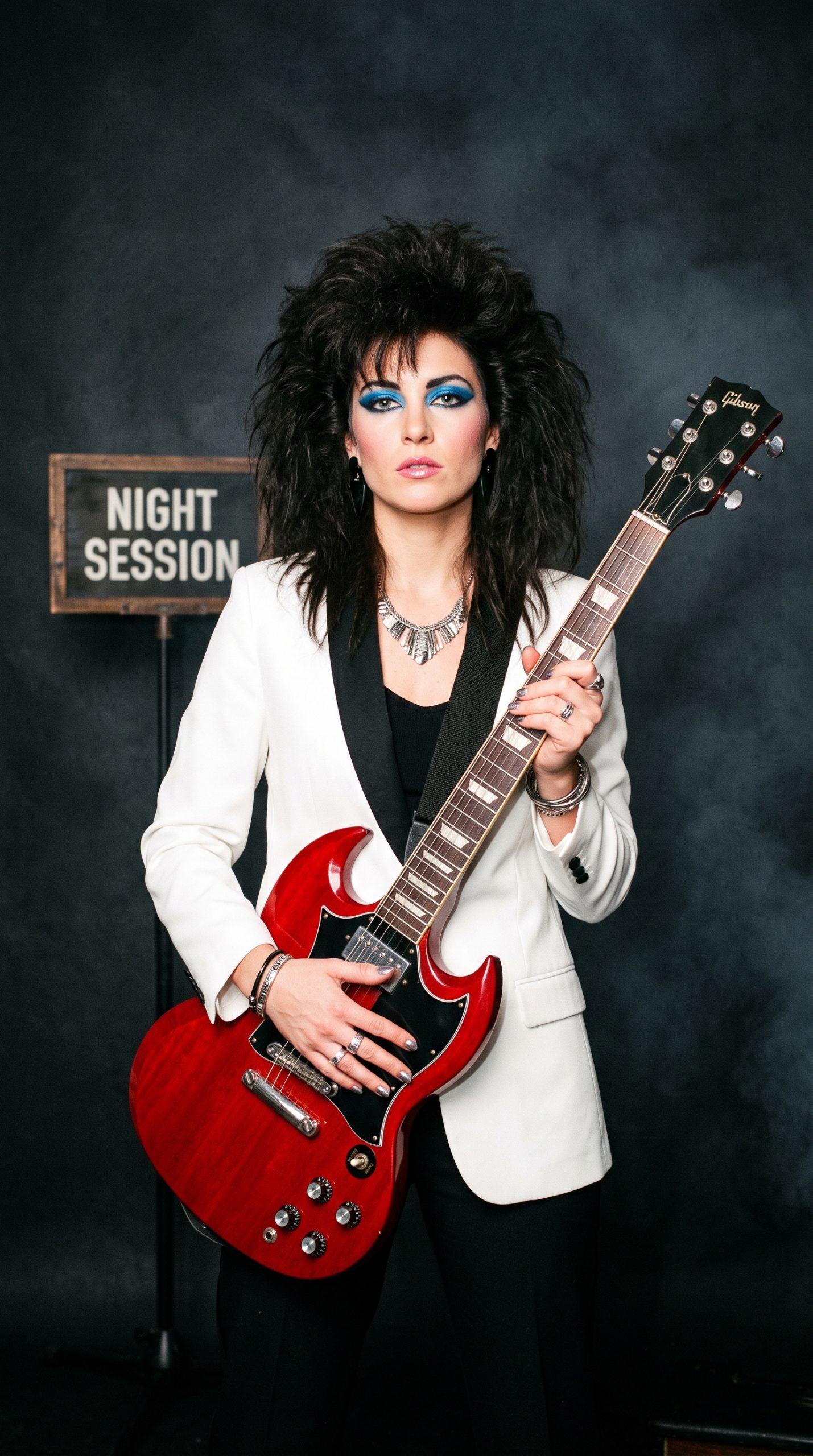 eighties guitarist fashion portrait with red electric guitar