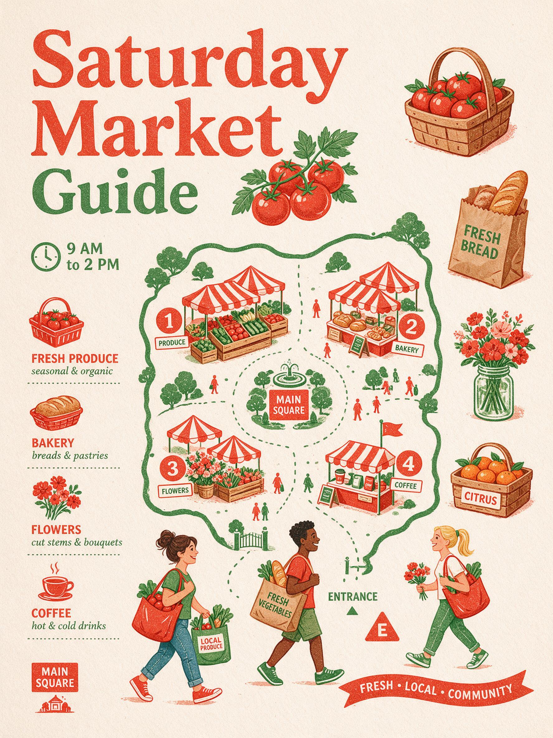 Farmers Market Guide Seedream 5.0 Pro Prompt poster with map and illustrated stalls