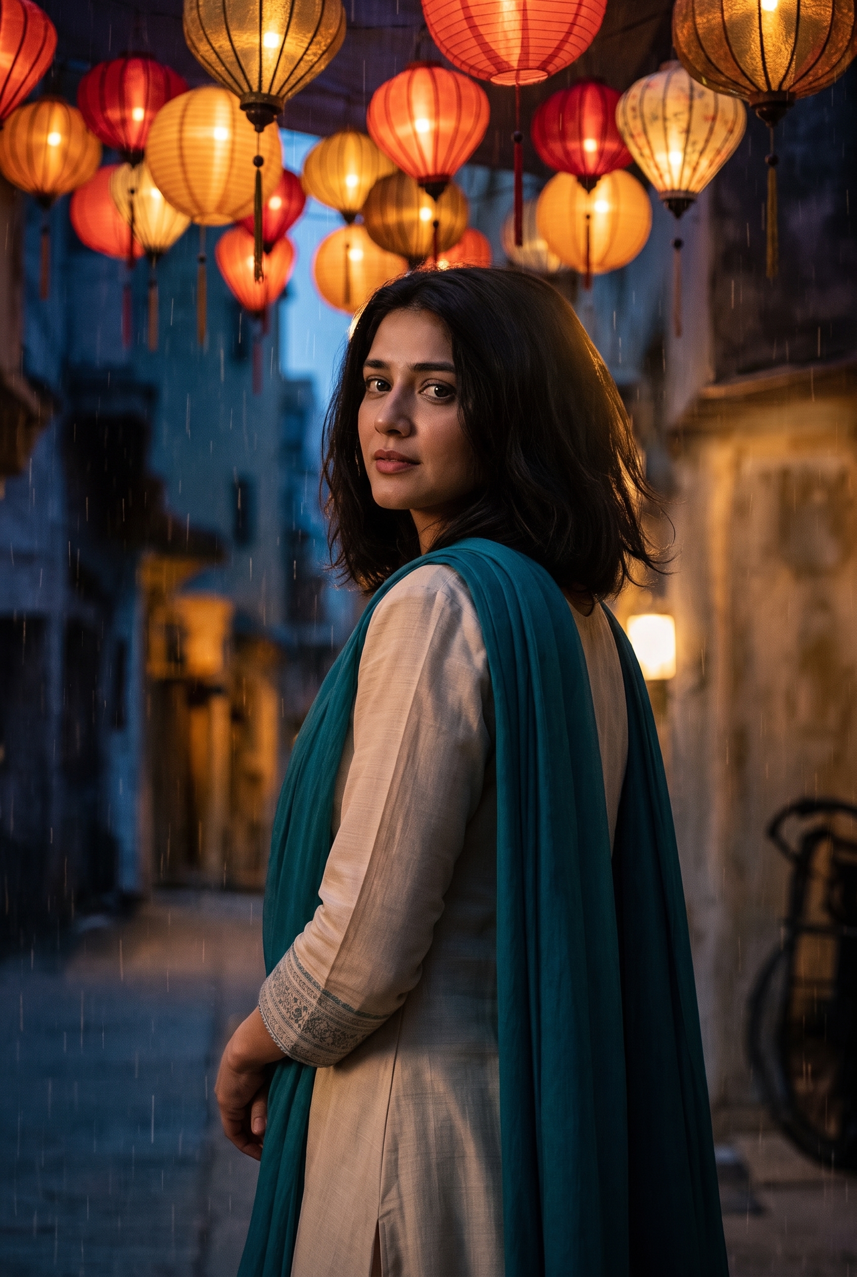 Festival Lantern Gemini AI Photo Prompt after image with warm lanterns and rain