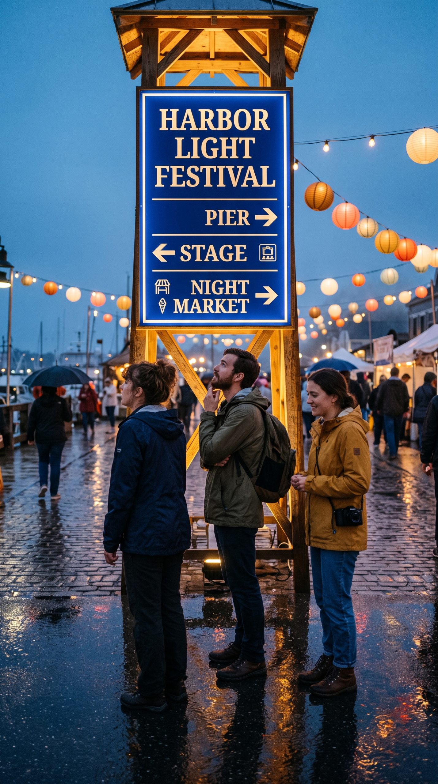 festival wayfinding poster nano banana 2 prompt showing a coastal night sign