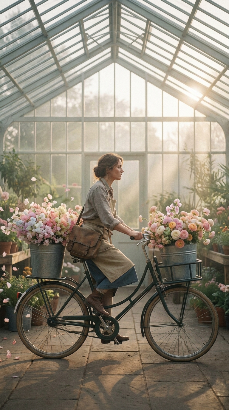 Glasshouse flower courier Gemini Omni Flash prompt poster frame in a dawn conservatory