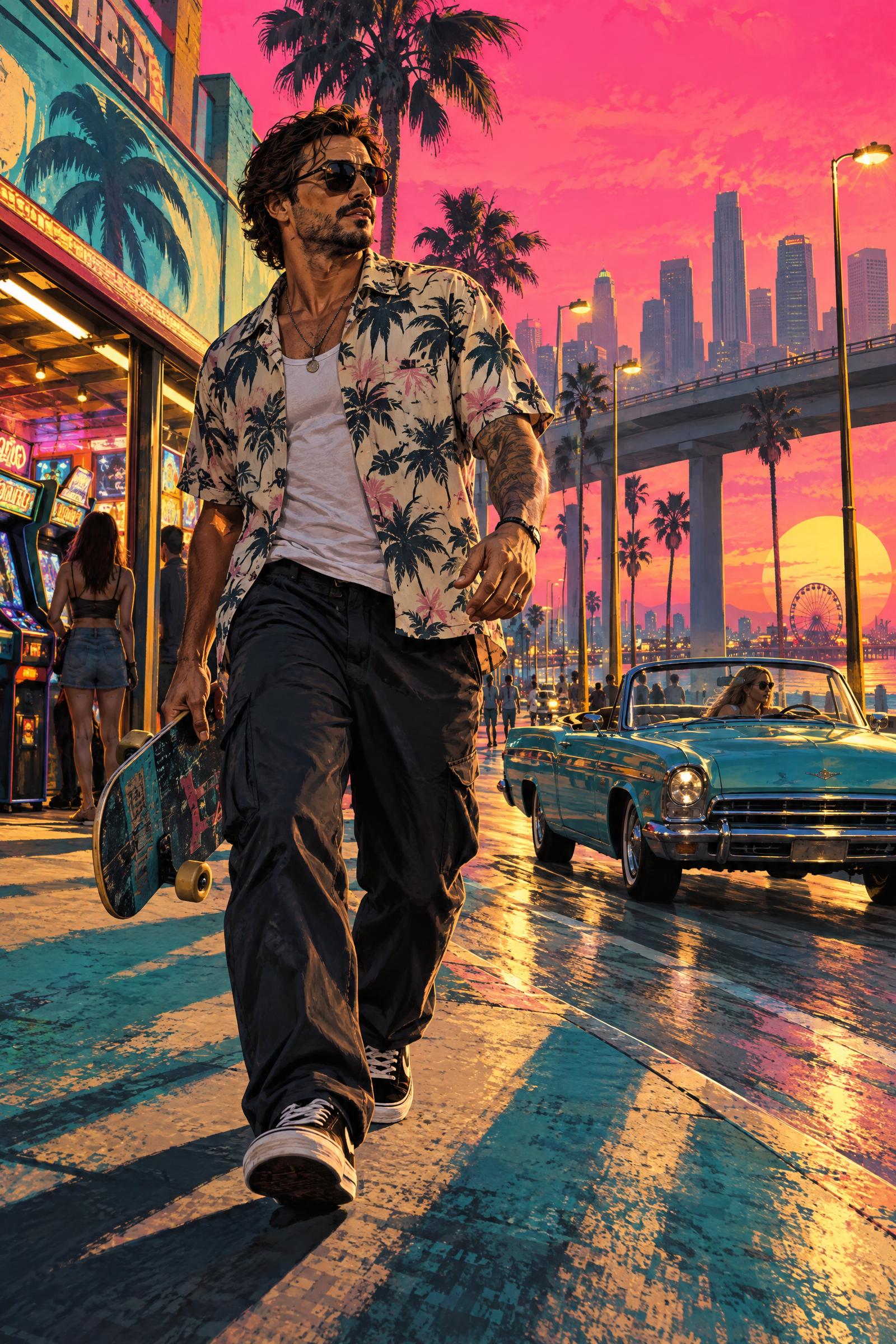 Beach arcade variation for GTA Style Portrait GPT Image 2.5 Prompt