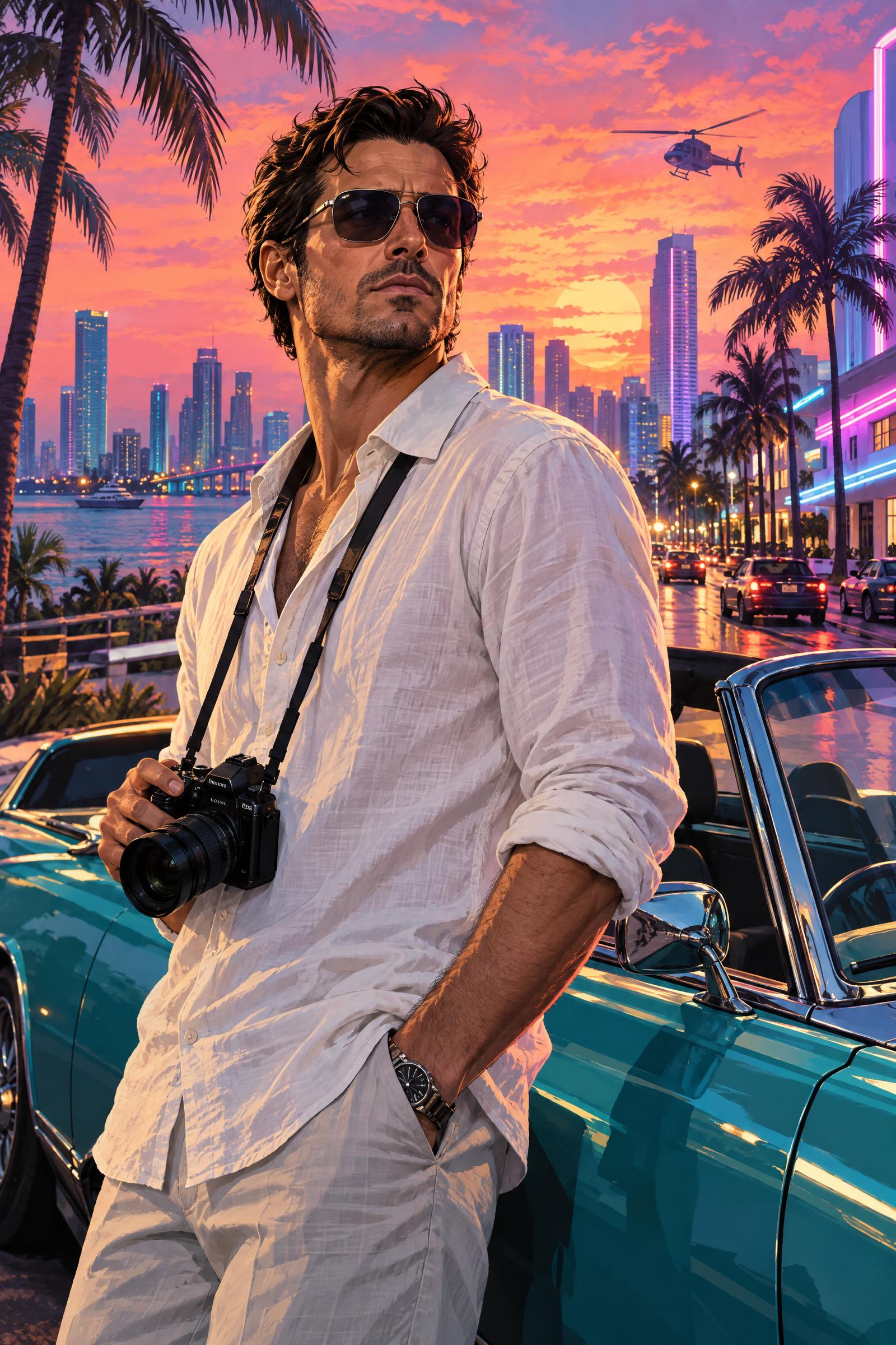 GTA Style Portrait GPT Image 2.5 Prompt showing fictional photographer beside teal convertible