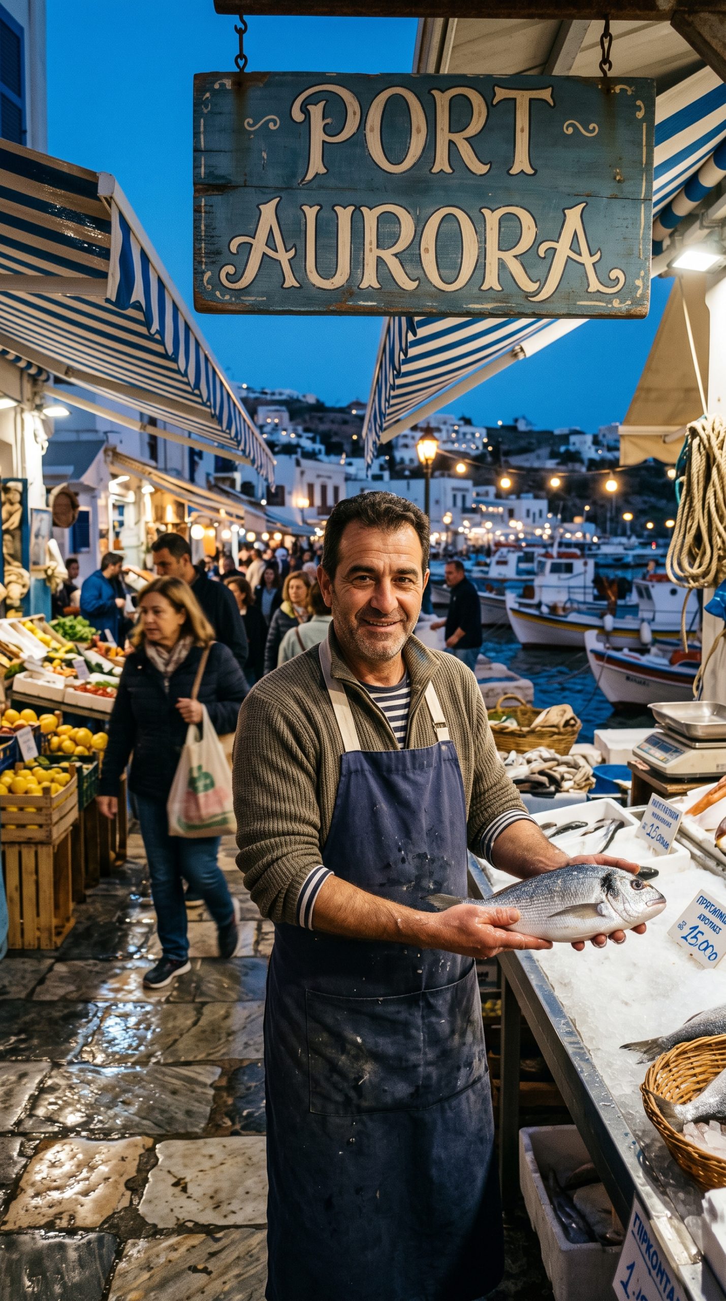 harbor market editorial nano banana 2 prompt at blue hour
