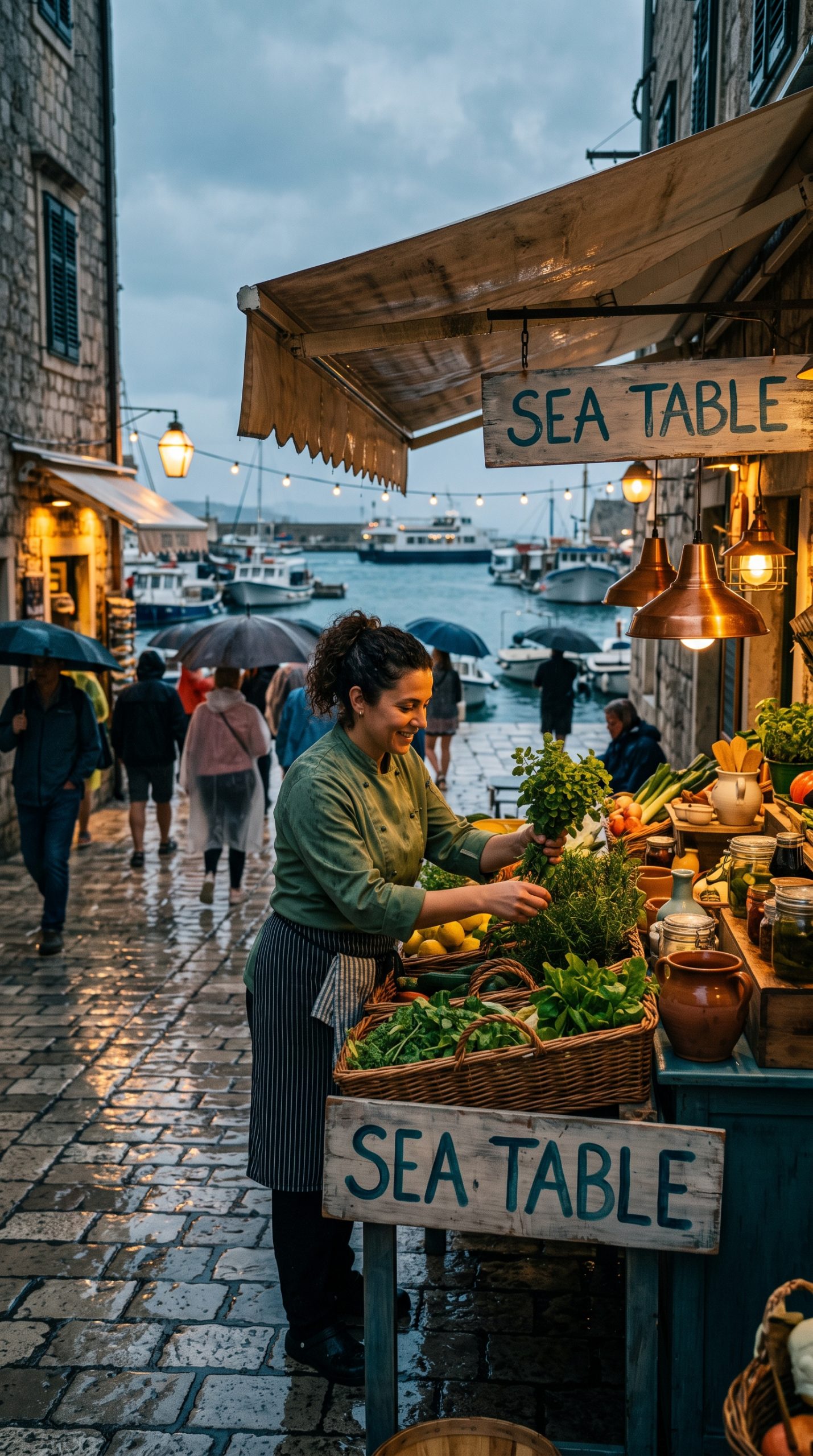chef selecting herbs at rainy harbor market