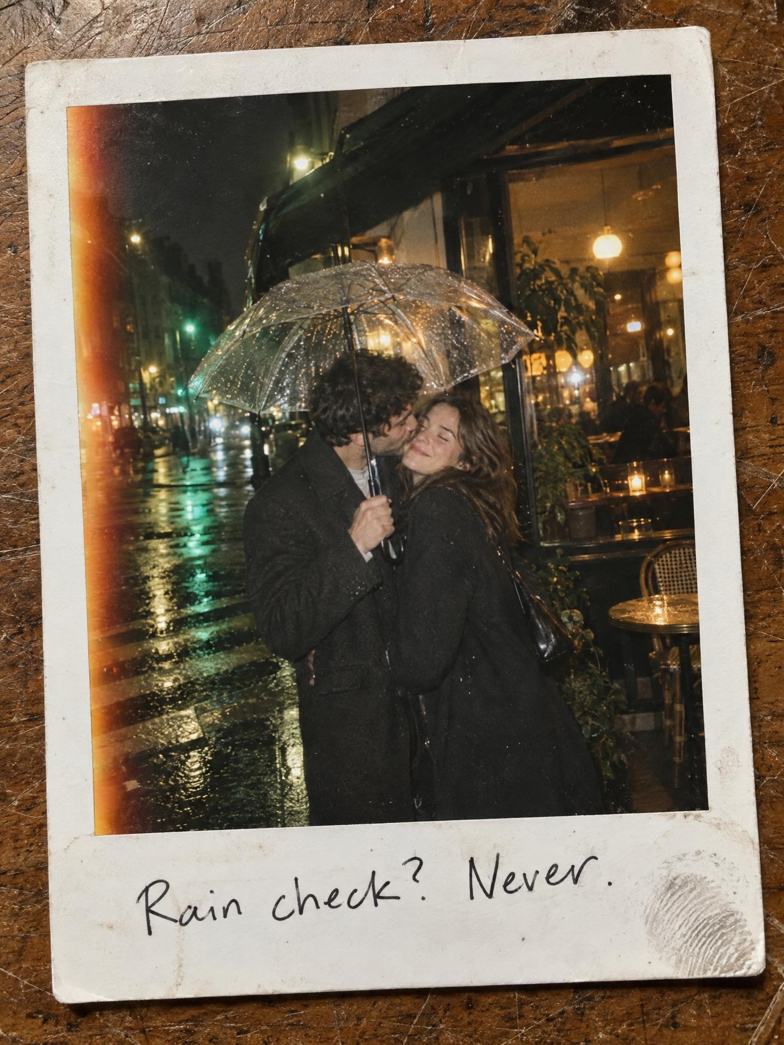 Flash-lit rainy couple rendered as an instant-film print