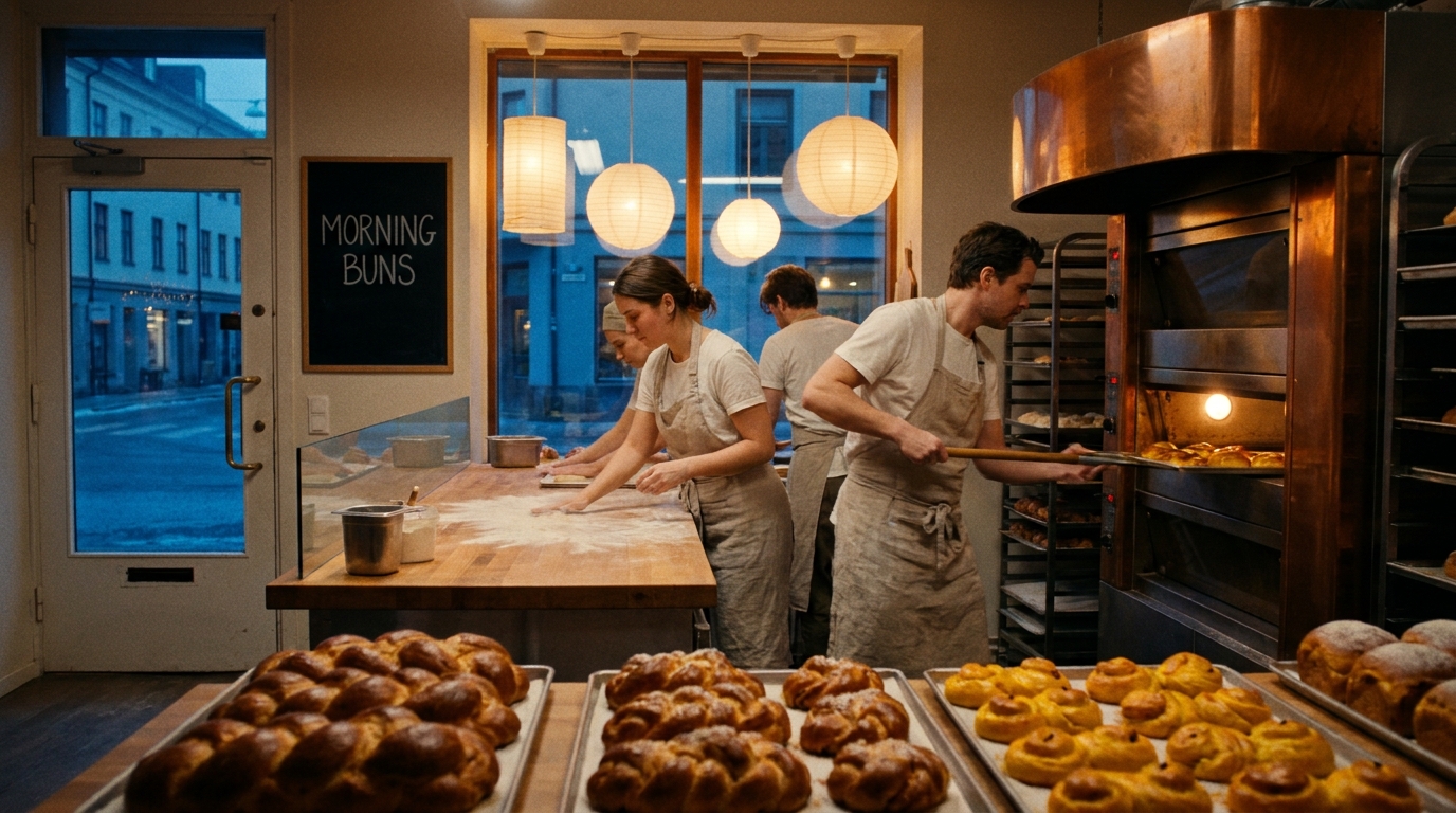 First frame of bakers working in a lantern-lit dawn bakery