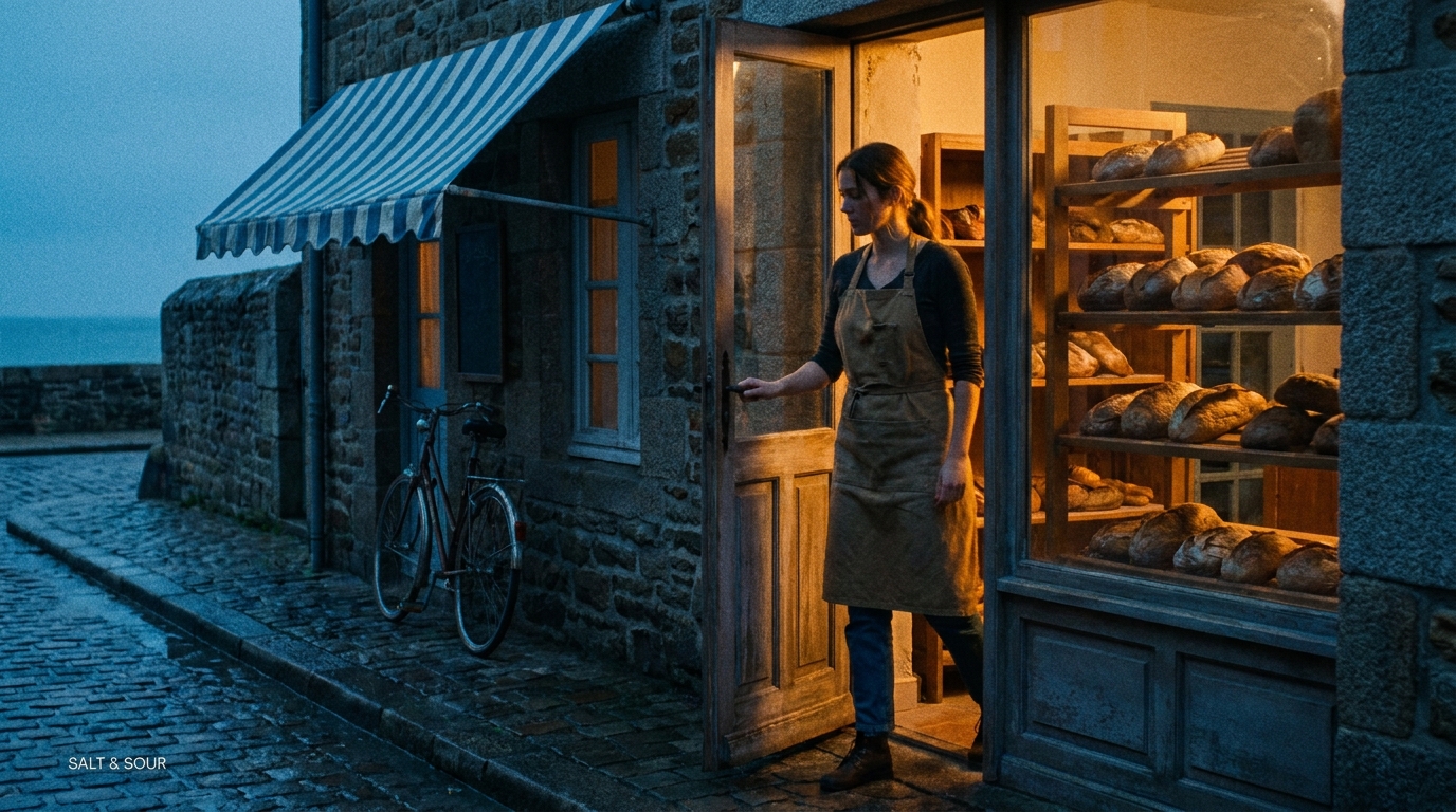 First frame of a coastal bakery at blue hour