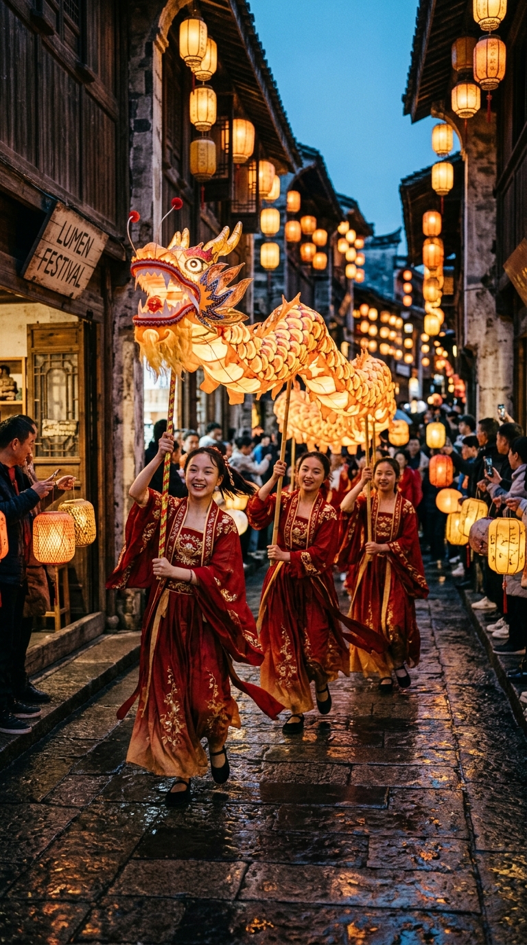 Lantern Parade Kling 3.0 Prompt poster frame with dancers and a glowing paper dragon