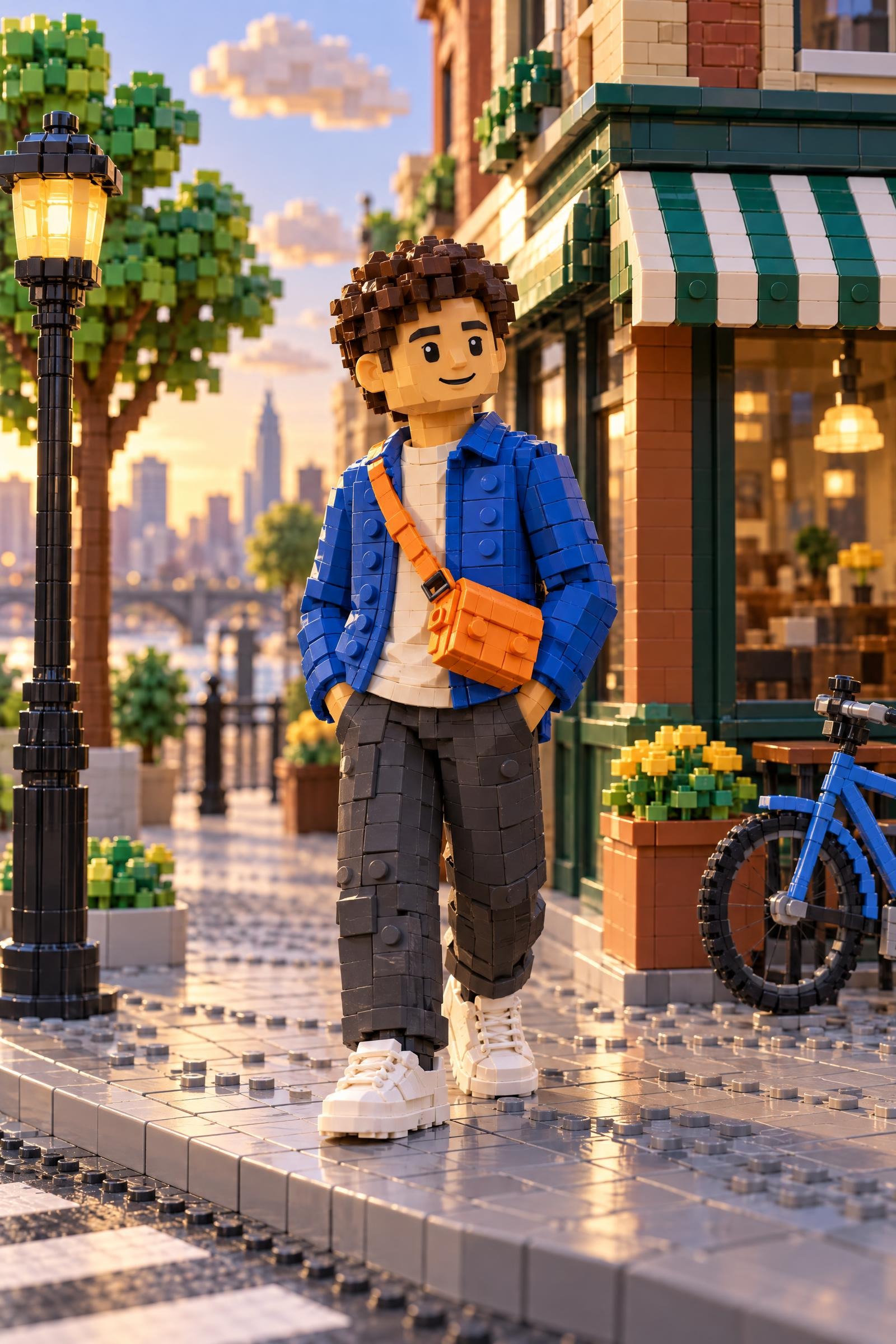 Lego World GPT Image 2.5 Prompt showing a brick-built streetwear portrait