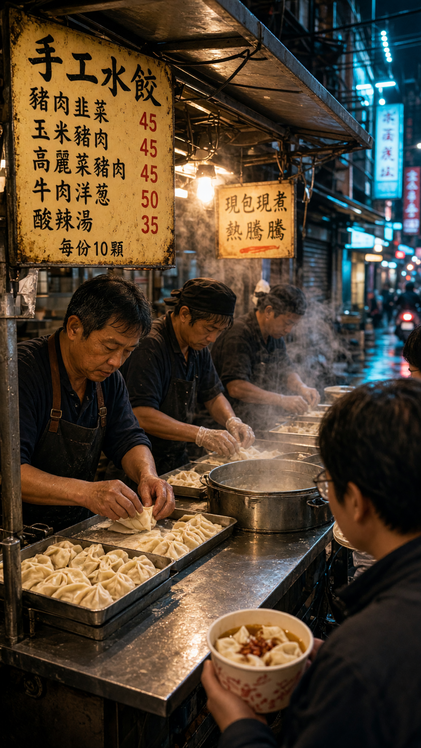 Midnight Dumpling Cart Grok Imagine Image V2 Prompt with cooks and neon street food stall