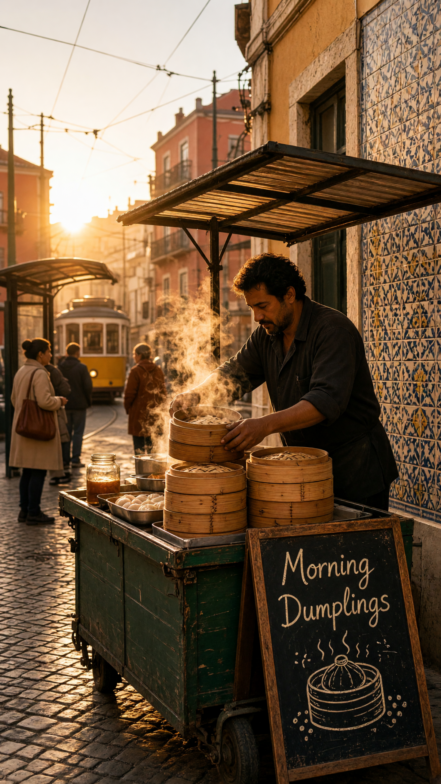 Sunrise dumpling cart beside a Lisbon tram stop